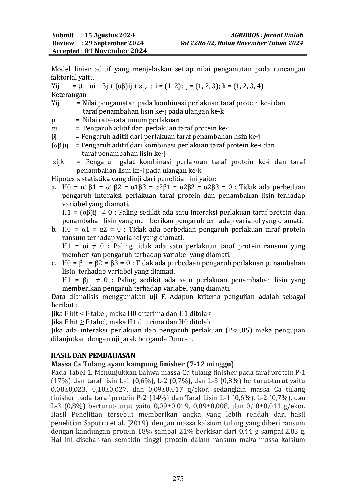 JURIS Pengaruh Protein Dan Lisin Terhadap Massa Kalsium Dan Panjang Tulang Femur Ayam Kampung Finisher