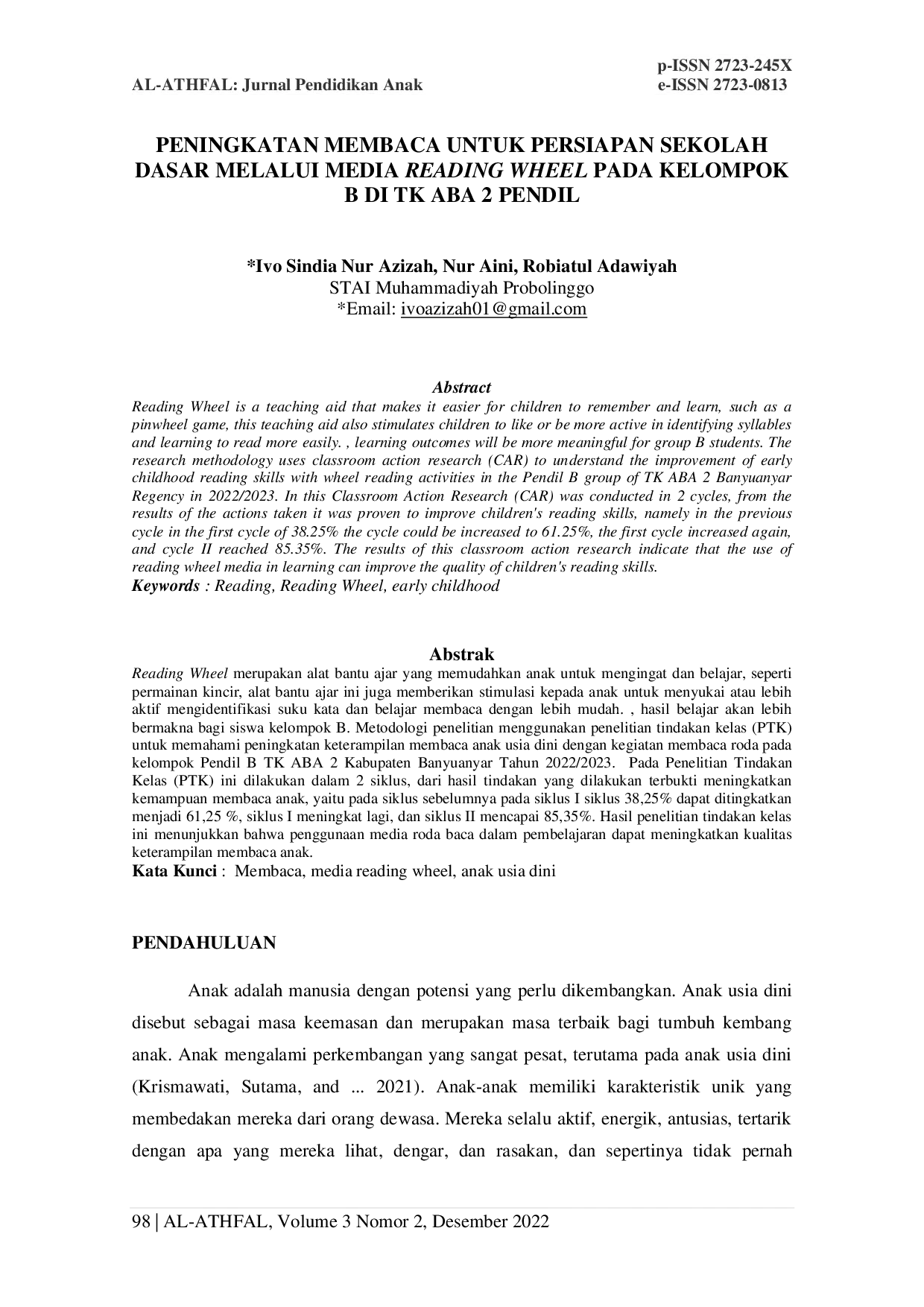 JURIS Peningkatan Membaca Untuk Persiapan Sekolah Dasar Melalui Media Reading Wheel Pada Kelompok B Di TK ABA 2 Pendil