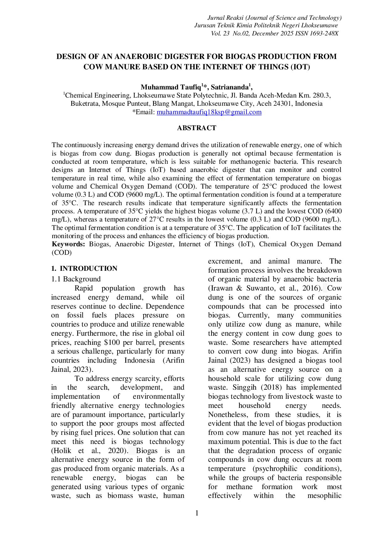 JURIS Design Of An Anaerobic Digester For Biogas Production From Cow Manure Based On The Internet Of Things Iot
