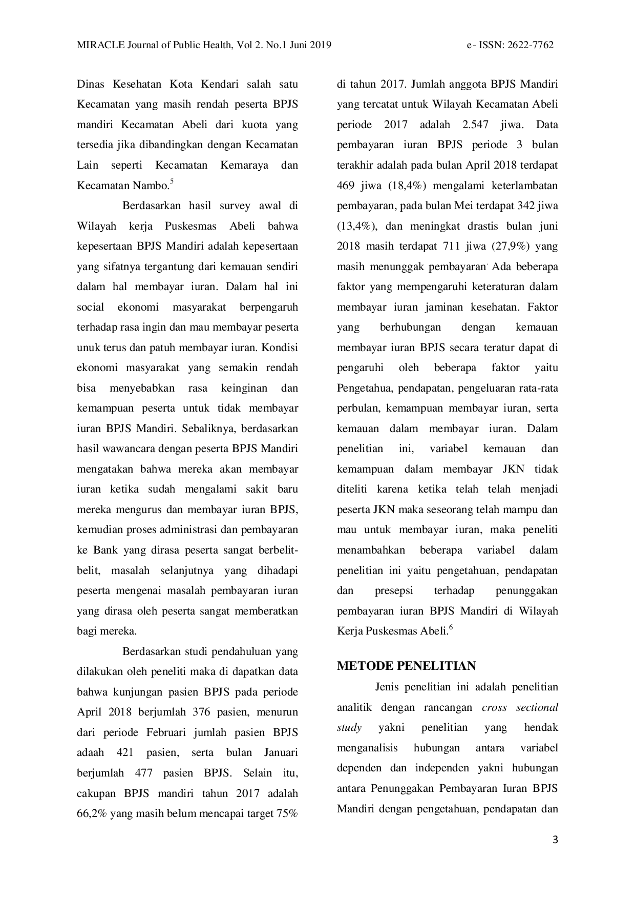 JURIS Faktor Faktor Yang Berhubungan Dengan Penunggakan Pembayaran Iuran BPJS Kesehatan Mandiri Di Wilayah Kerja Puskesmas Abeli Kota Kendari