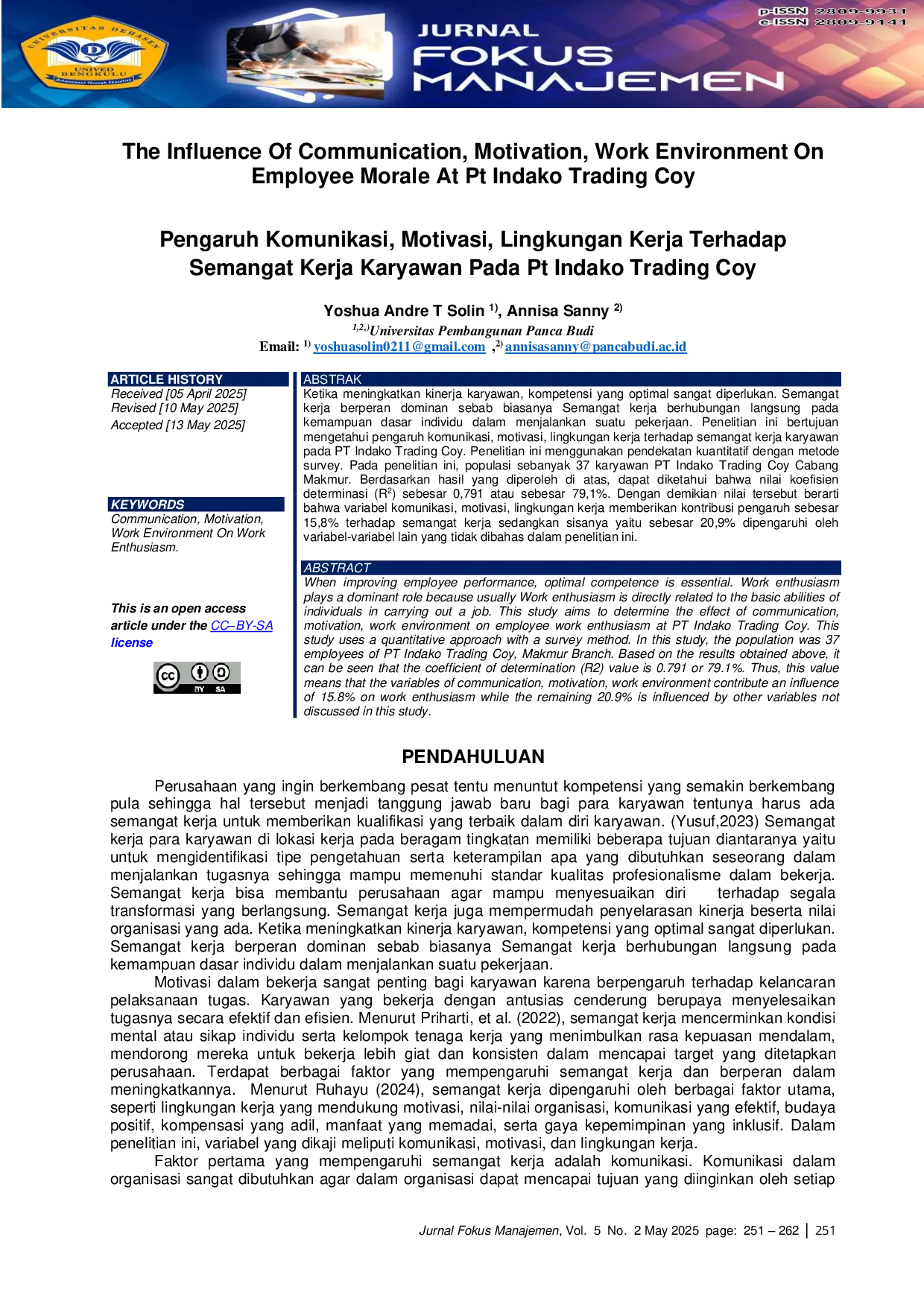JURIS The Influence Of Communication Motivation Work Environment On Employee Morale At Pt Indako Trading Coy