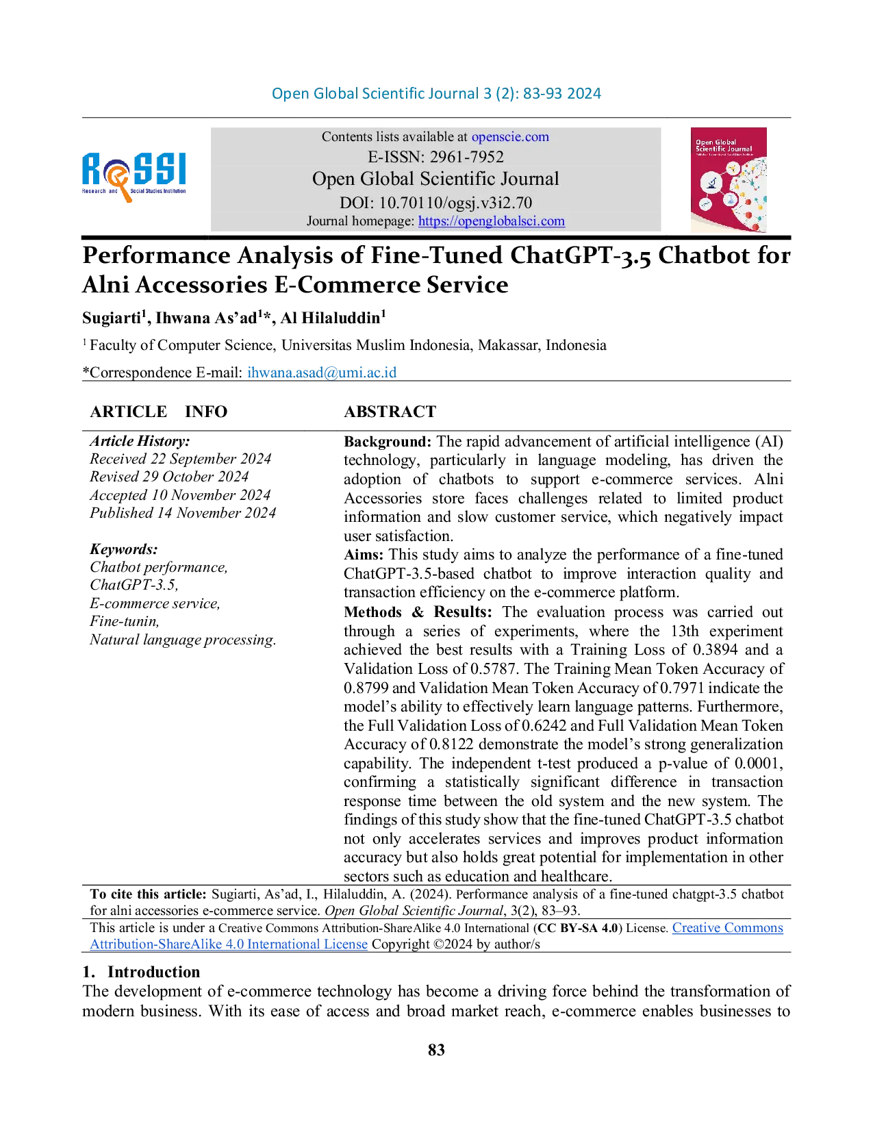 JURIS Performance Analysis of Fine Tuned ChatGPT 3 5 Chatbot for Alni Accessories E Commerce Service