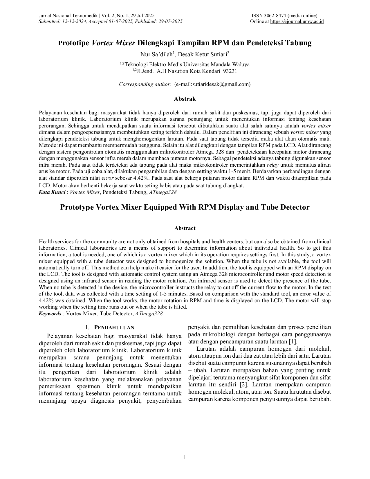 JURIS The Prototype Vortex Mixer Equipped With RPM Display and Tube Detector Prototipe Vortex Mixer Dilengkapi Tampilan RPM dan Pendeteksi Tabung