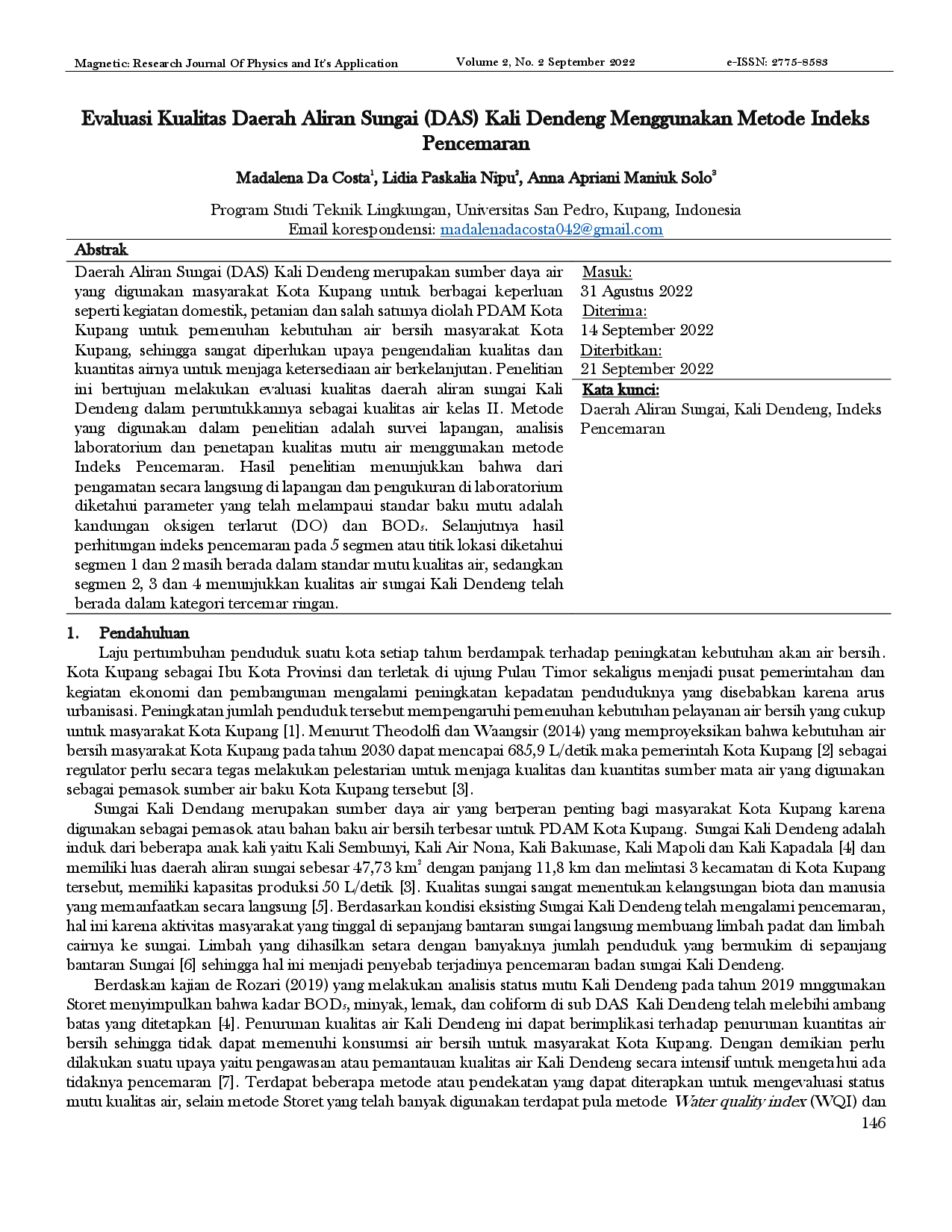juris Evaluasi Kualitas Daerah Aliran Sungai DAS Kali Dendeng Menggunakan Metode Indeks Pencemaran