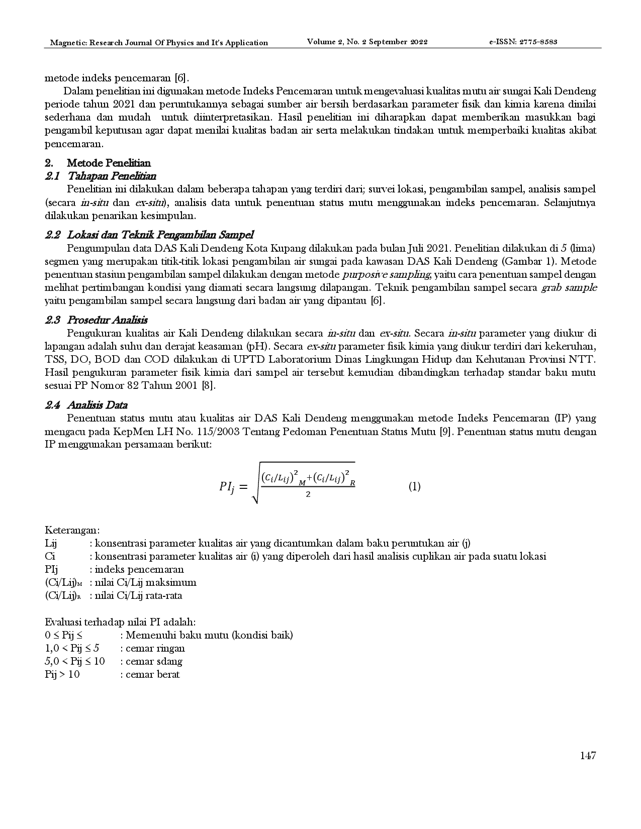 juris Evaluasi Kualitas Daerah Aliran Sungai DAS Kali Dendeng Menggunakan Metode Indeks Pencemaran