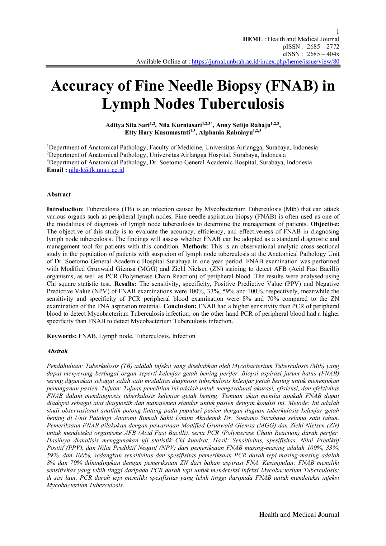 JURIS Accuracy of Fine Needle Biopsy FNAB in Lymph Nodes Tuberculosis