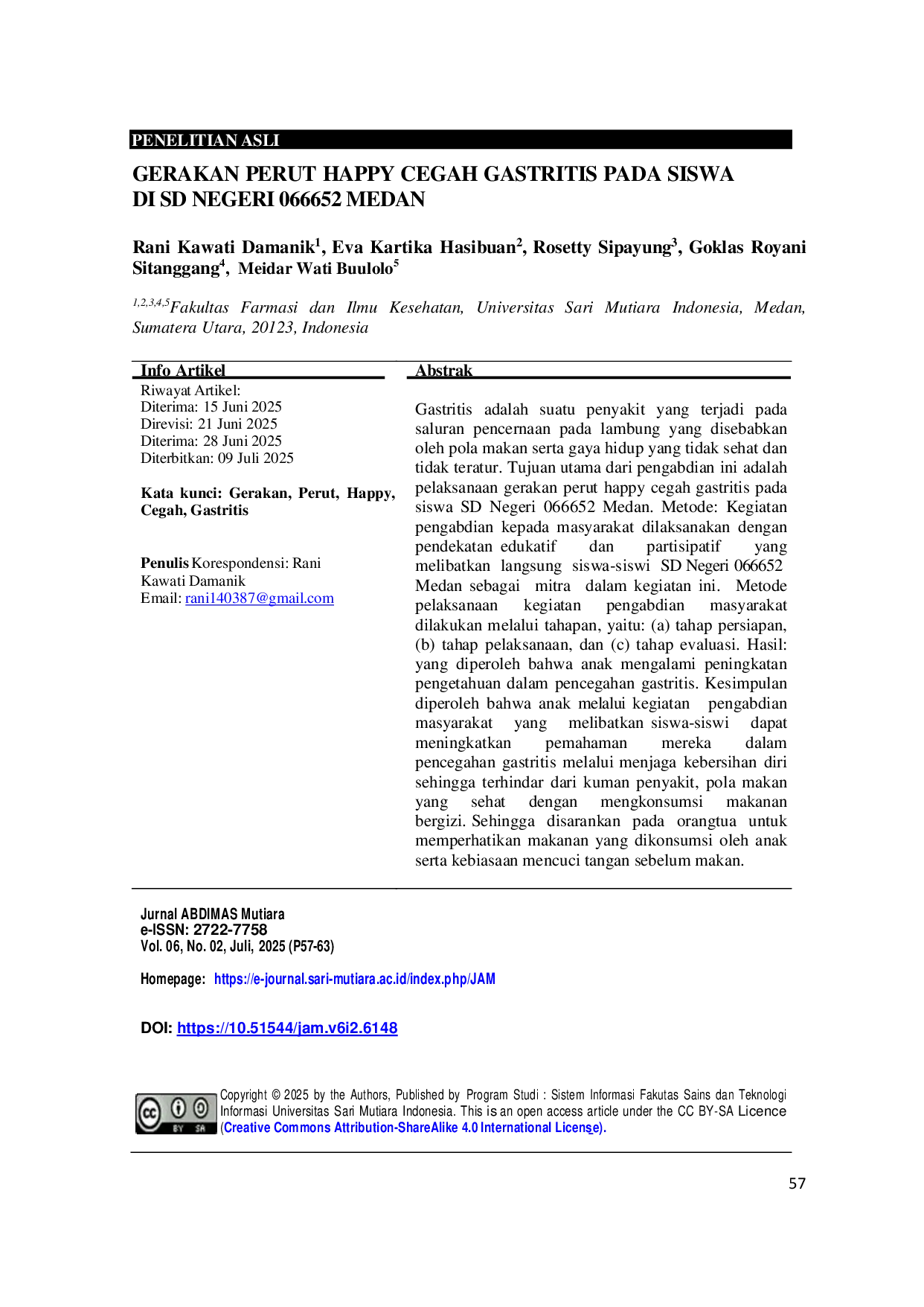 JURIS Gerakan Perut Happy Cegah Gastritis pada Siswa di SD Negeri 066652 Medan