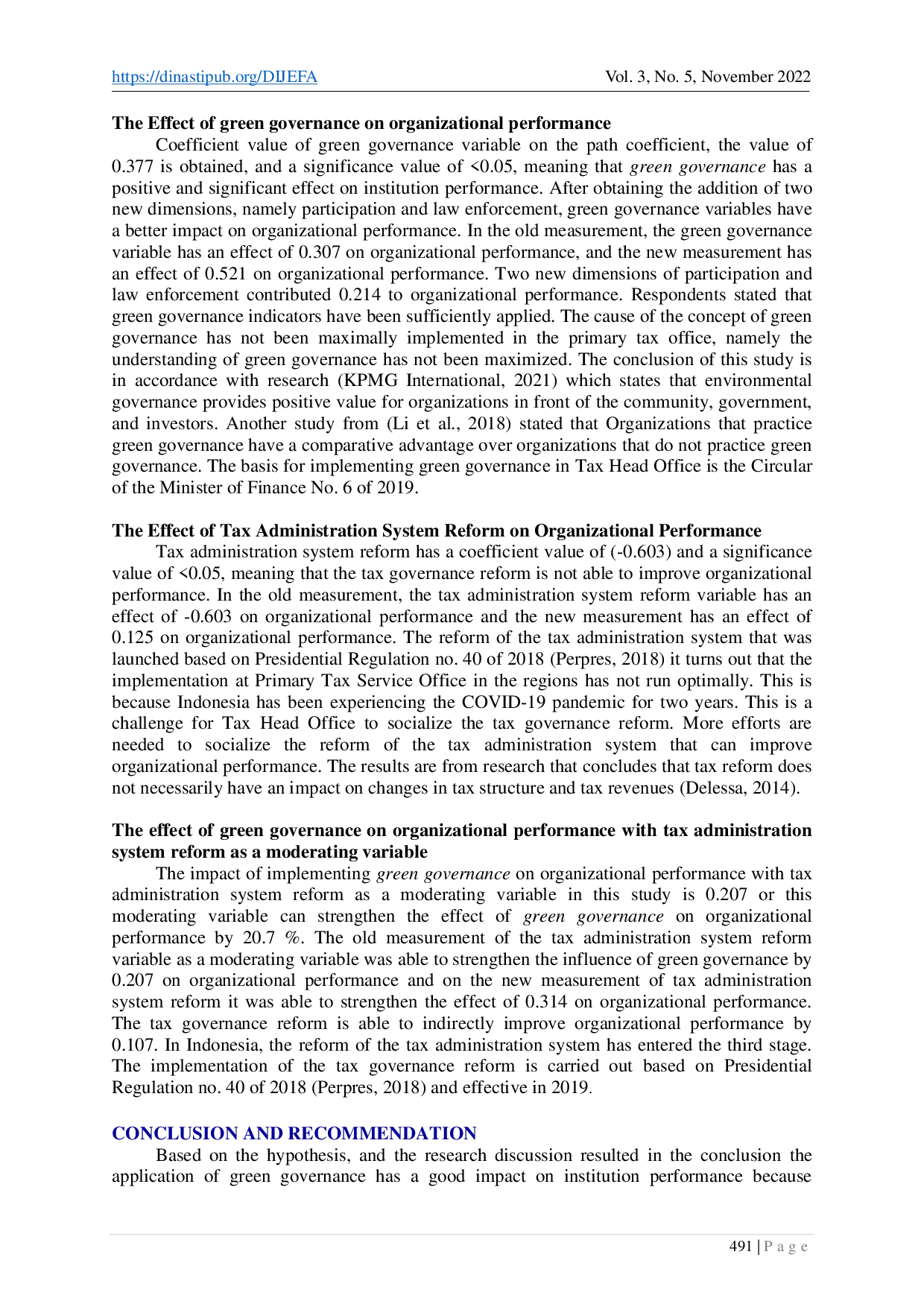 juris The Effect of Green Governance on Organizational Performance Moderated by Tax Administration Reform