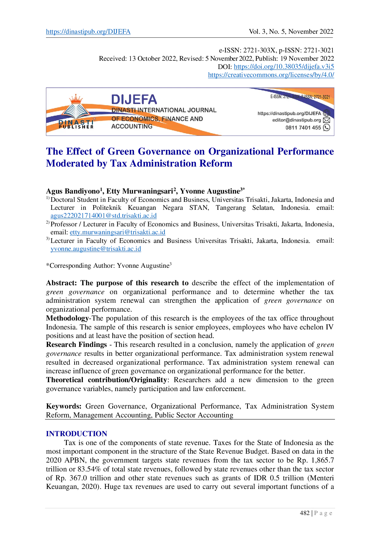 juris The Effect of Green Governance on Organizational Performance Moderated by Tax Administration Reform