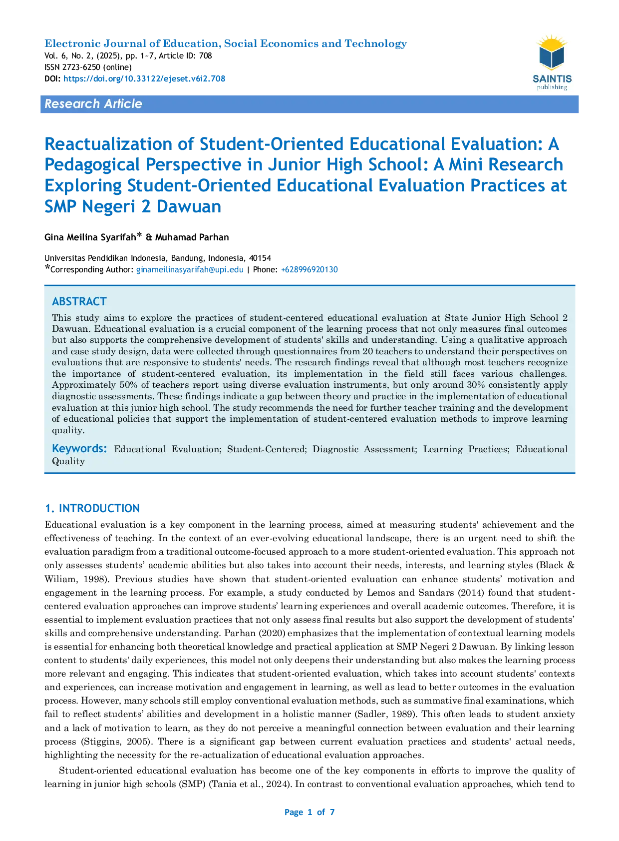 JURIS Reactualization of Student Oriented Educational Evaluation A Pedagogical Perspective in Junior High School A Mini Research Exploring Student Oriented Educational Evaluation Practices at SMP Negeri 2