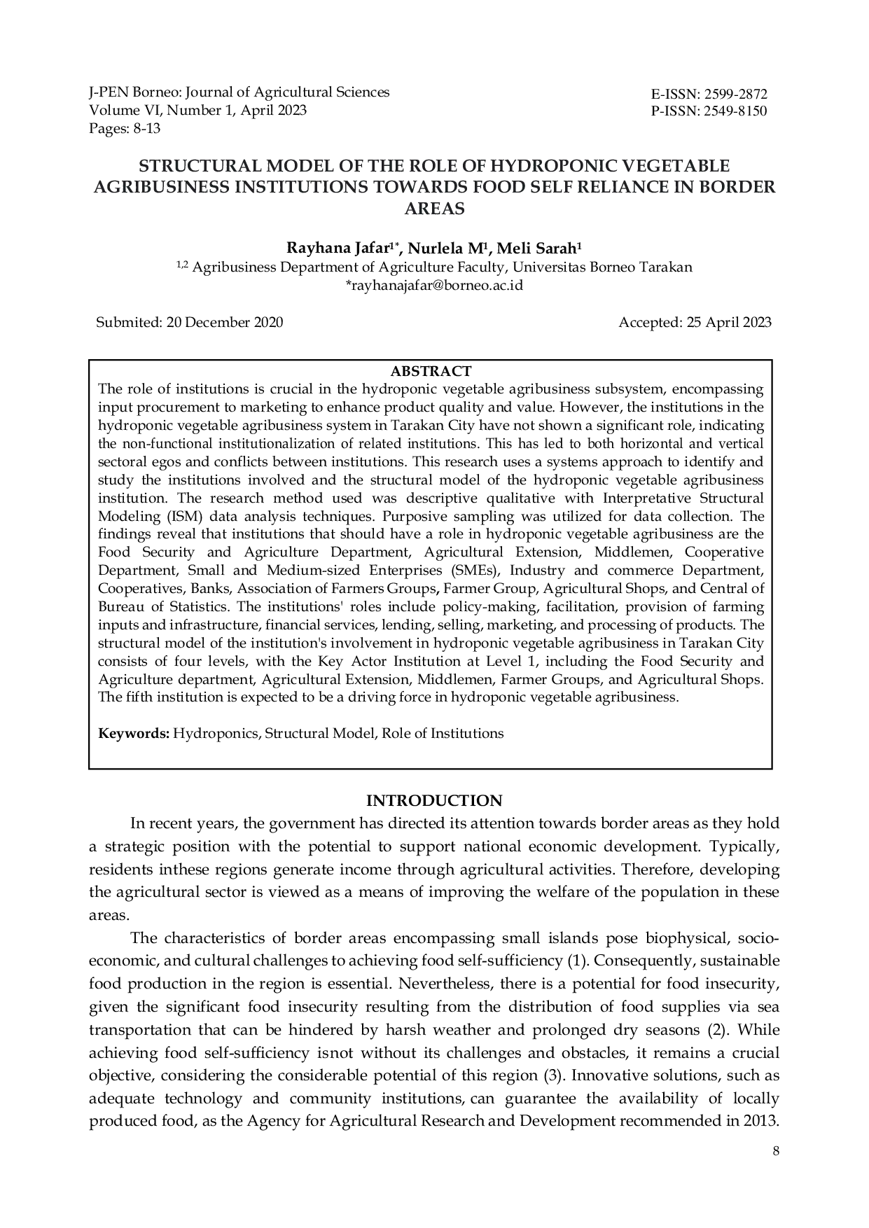 JURIS Structural Model Of The Role Of Hydroponic Vegetable Agribusiness Institutions Towards Food Self Reliance In Border Areas