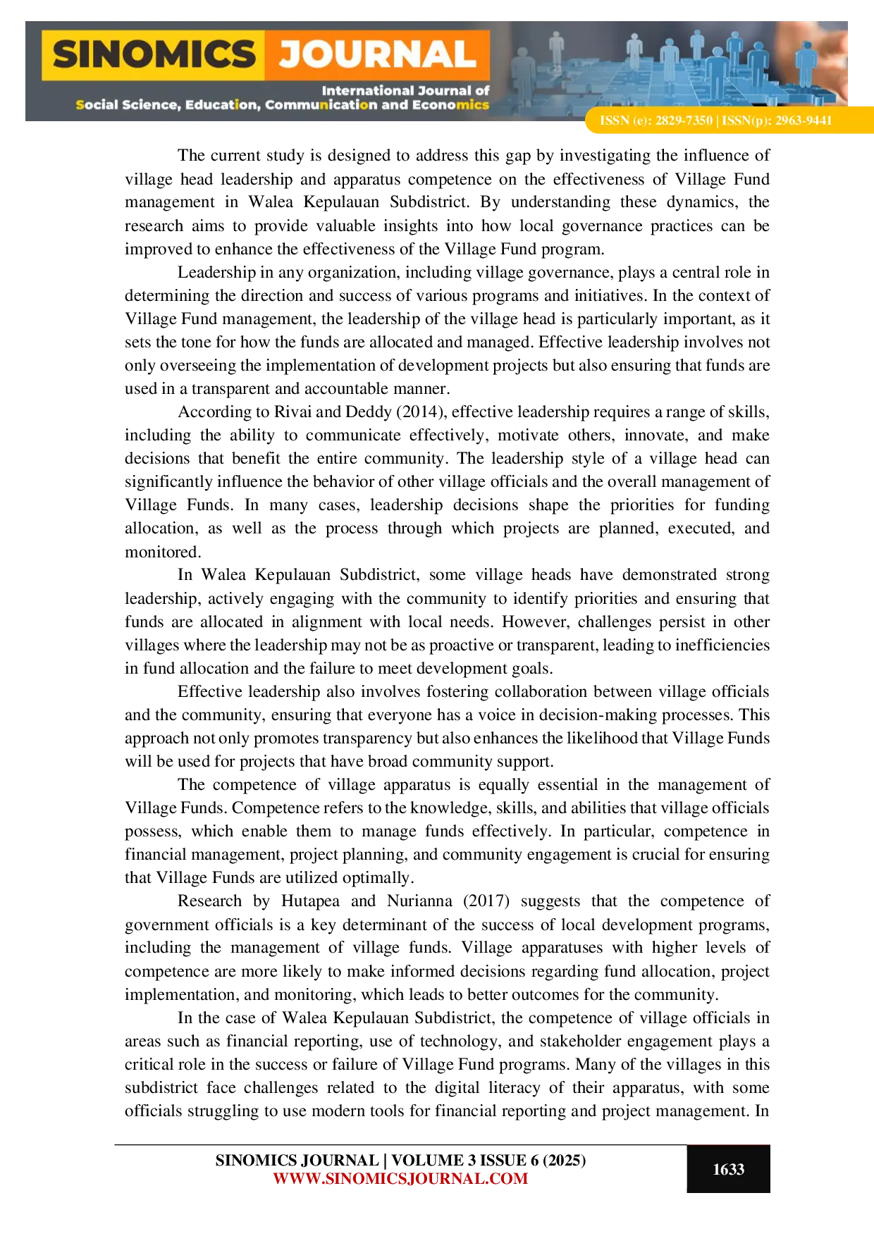 JURIS The Impact of Leadership and Competence on the Effectiveness of Village Fund Management in Walea Kepulauan Subdistrict Tojo Una Una District