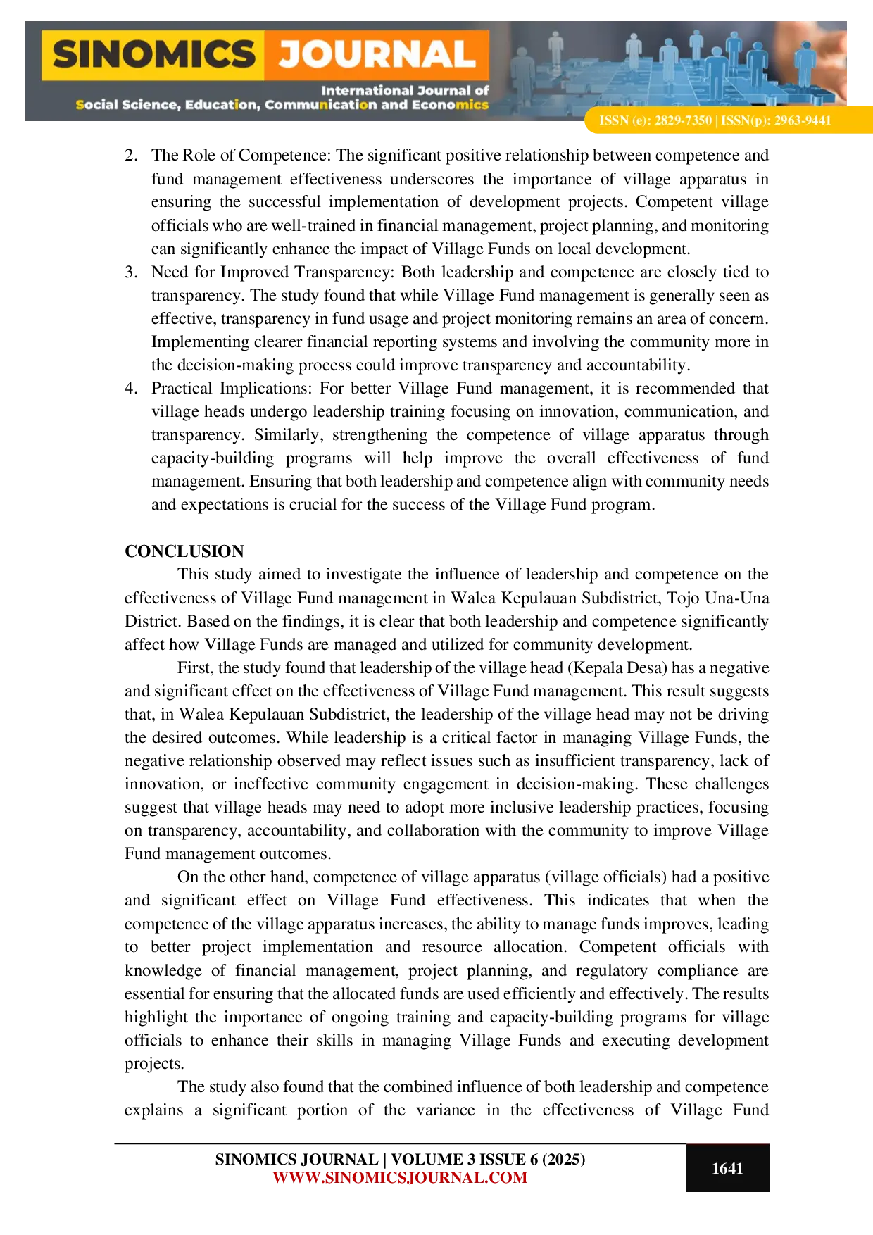 JURIS The Impact of Leadership and Competence on the Effectiveness of Village Fund Management in Walea Kepulauan Subdistrict Tojo Una Una District