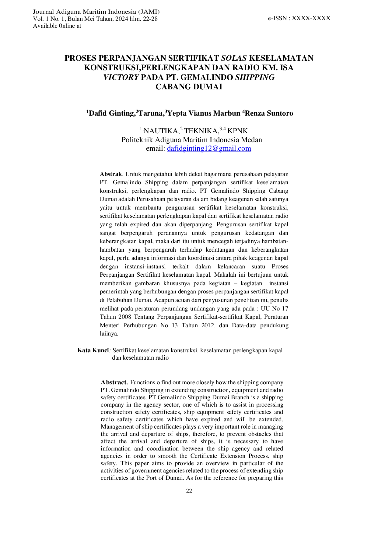 JURIS Proses Perpanjangan Sertifikat SOLAS Keselamatan Konstruksi Perlengkapan dan Radio KM Isa Victory Pada PT Gemalindo Shipping Cabang Dumai