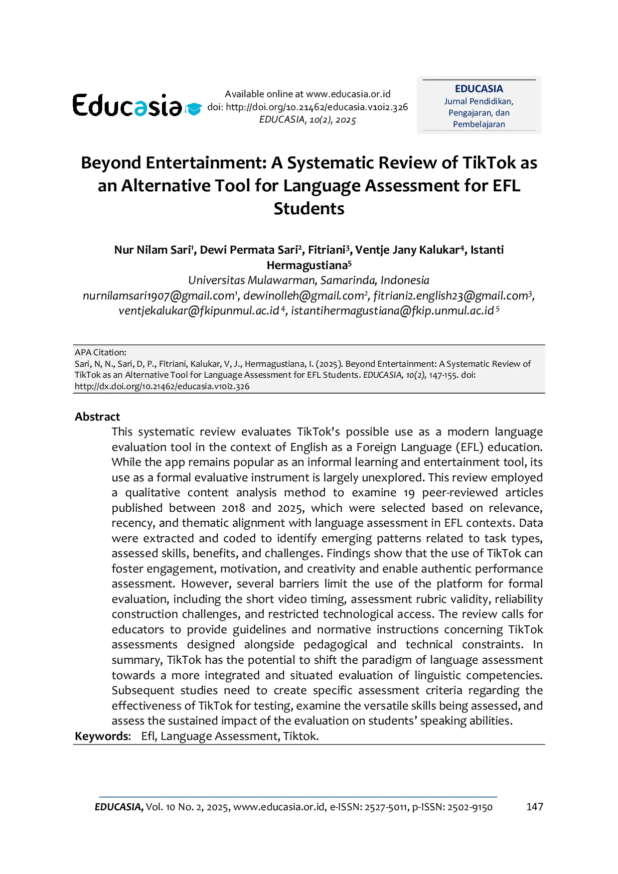 JURIS Beyond Entertainment A Systematic Review of TikTok as an Alternative Tool for Language Assessment for EFL Students