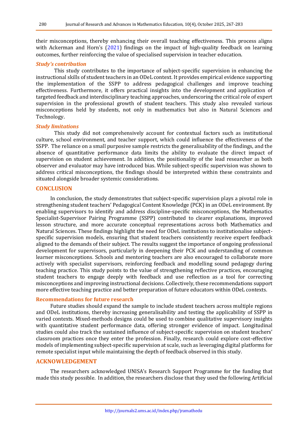 JURIS Optimising mathematics teaching practice in an ODeL context A subject specific supervisor s perspectives