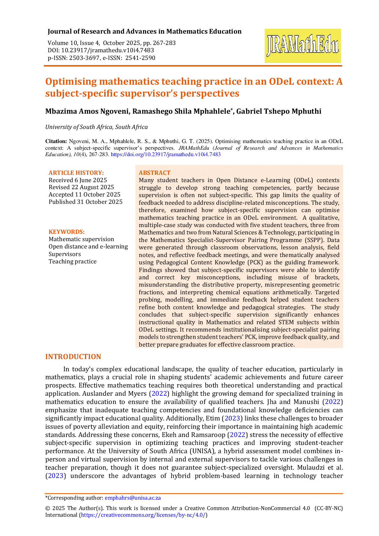 JURIS Optimising mathematics teaching practice in an ODeL context A subject specific supervisor s perspectives