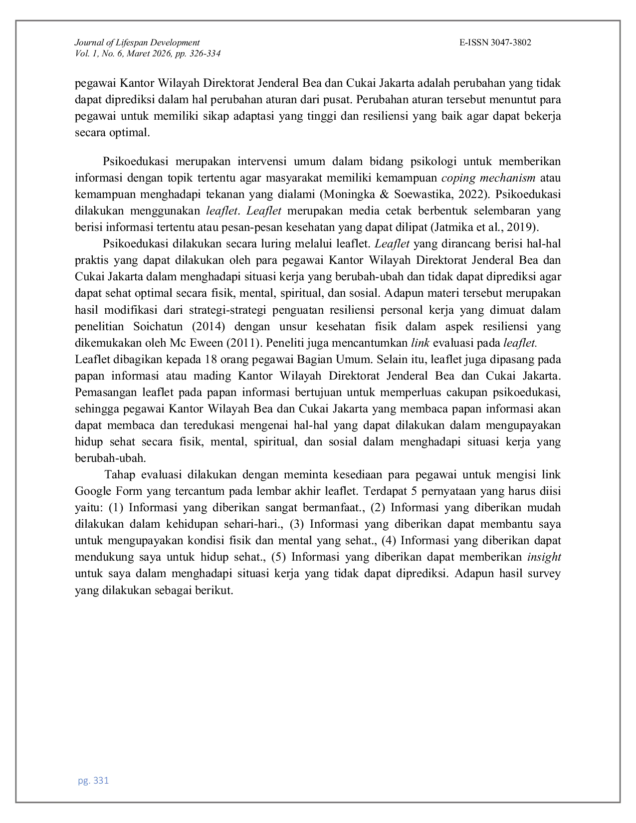JURIS Psikoedukasi Melalui Leaflet Untuk Meningkatkan Kemampuan Coping Pegawai Kantor Wilayah Direktorat Jenderal Bea dan Cukai Jakarta