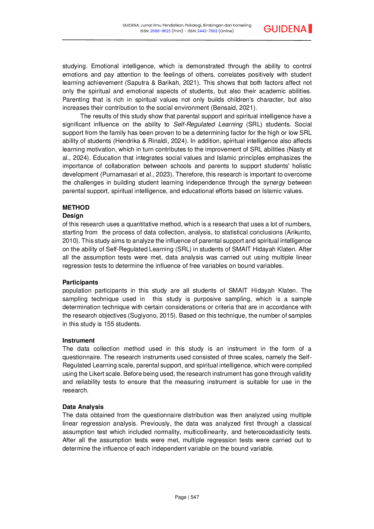 JURIS The Influence of Parental Support and Spiritual Intelligence on Self Regulated Learning of SMAIT Hidayah Klaten Students