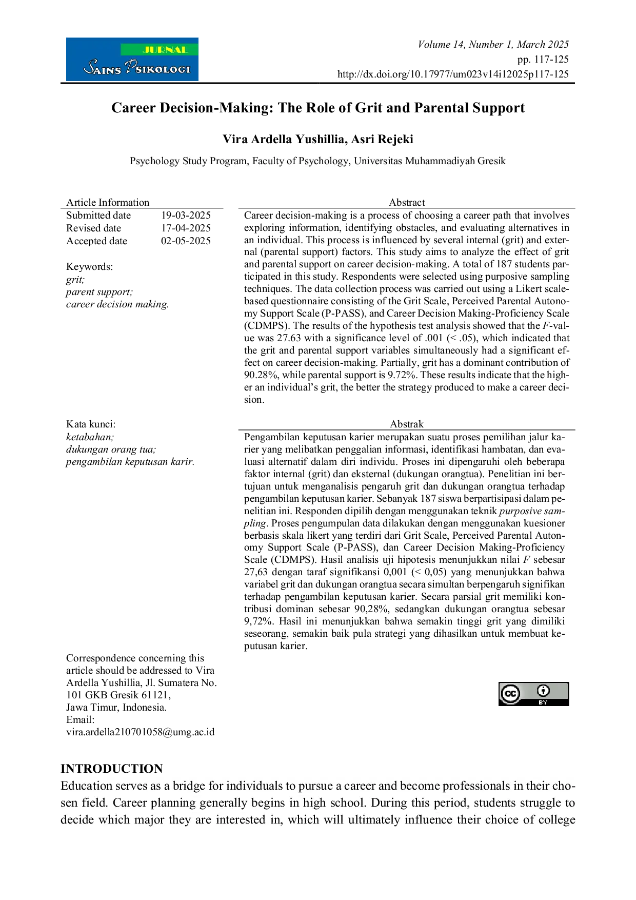 JURIS Career Decision Making The Role of Grit and Parental Support