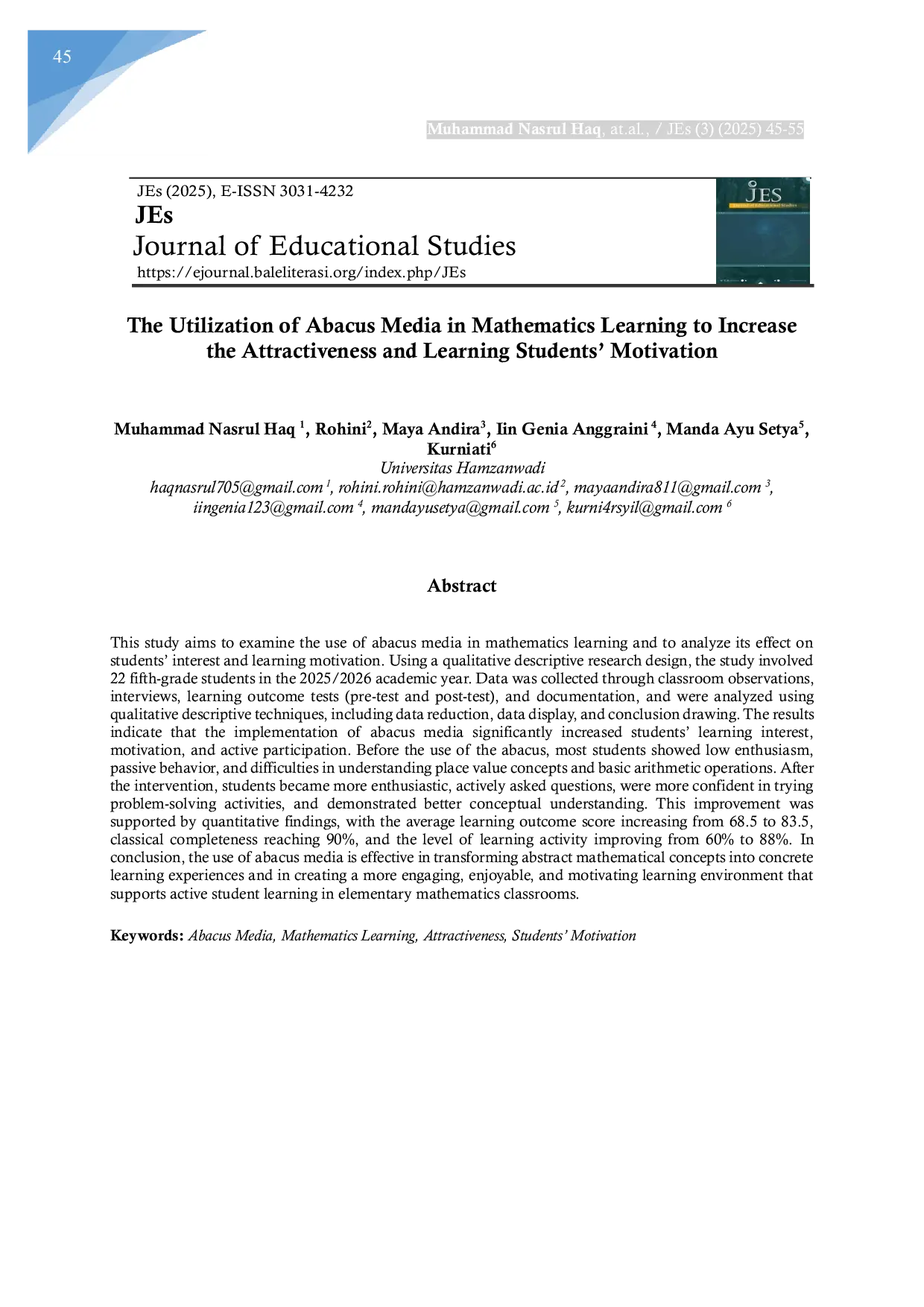 JURIS The Utilization of Abacus Media in Mathematics Learning to Increase the Attractiveness and Learning Students Motivation