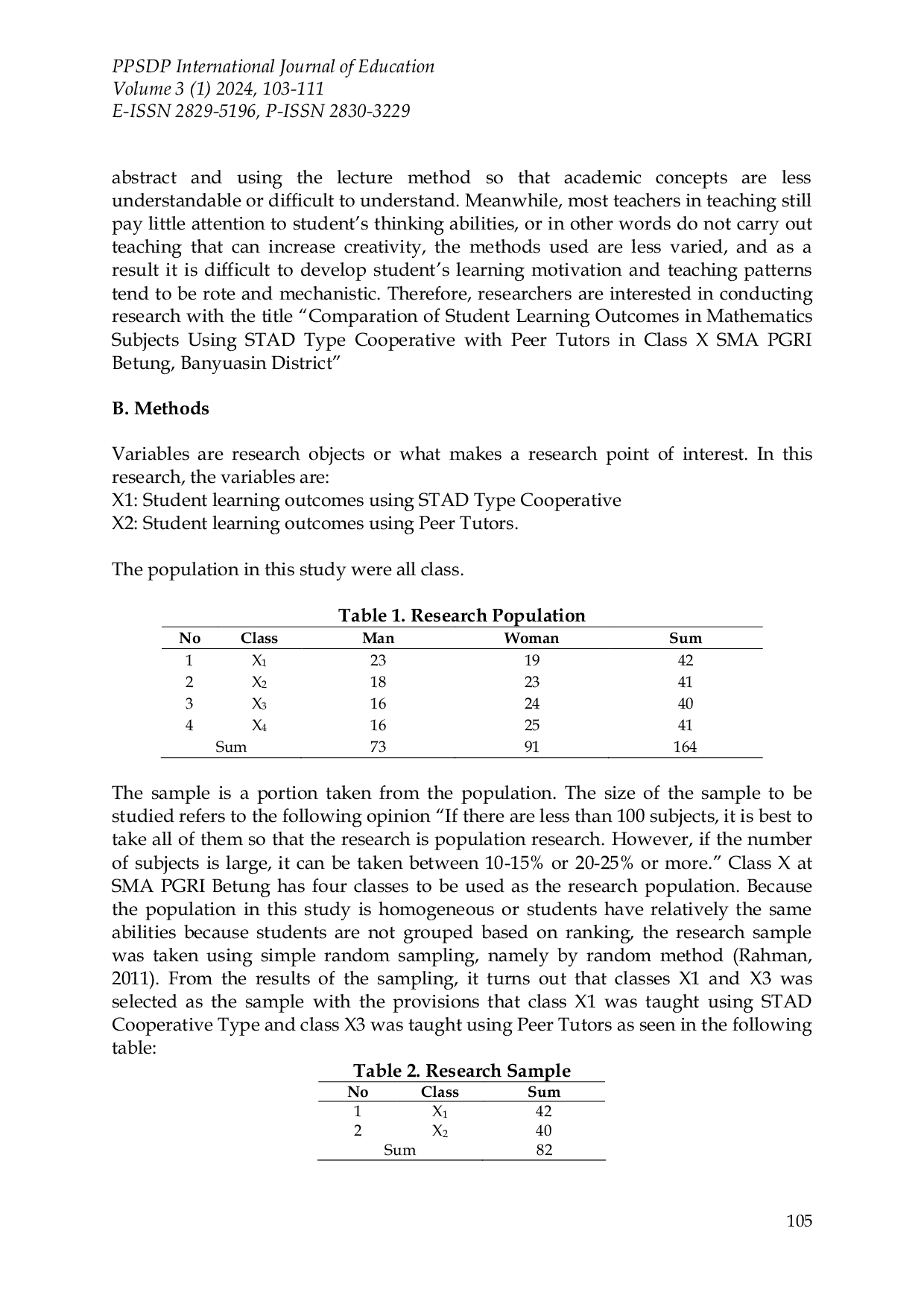 JURIS Comparison of Student s Learning Outcomes in Mathematics Subjects Using STAD Type Cooperatives with Peer Tutors in Grade X of SMA PGRI Betung Kabupaten Banyuasin