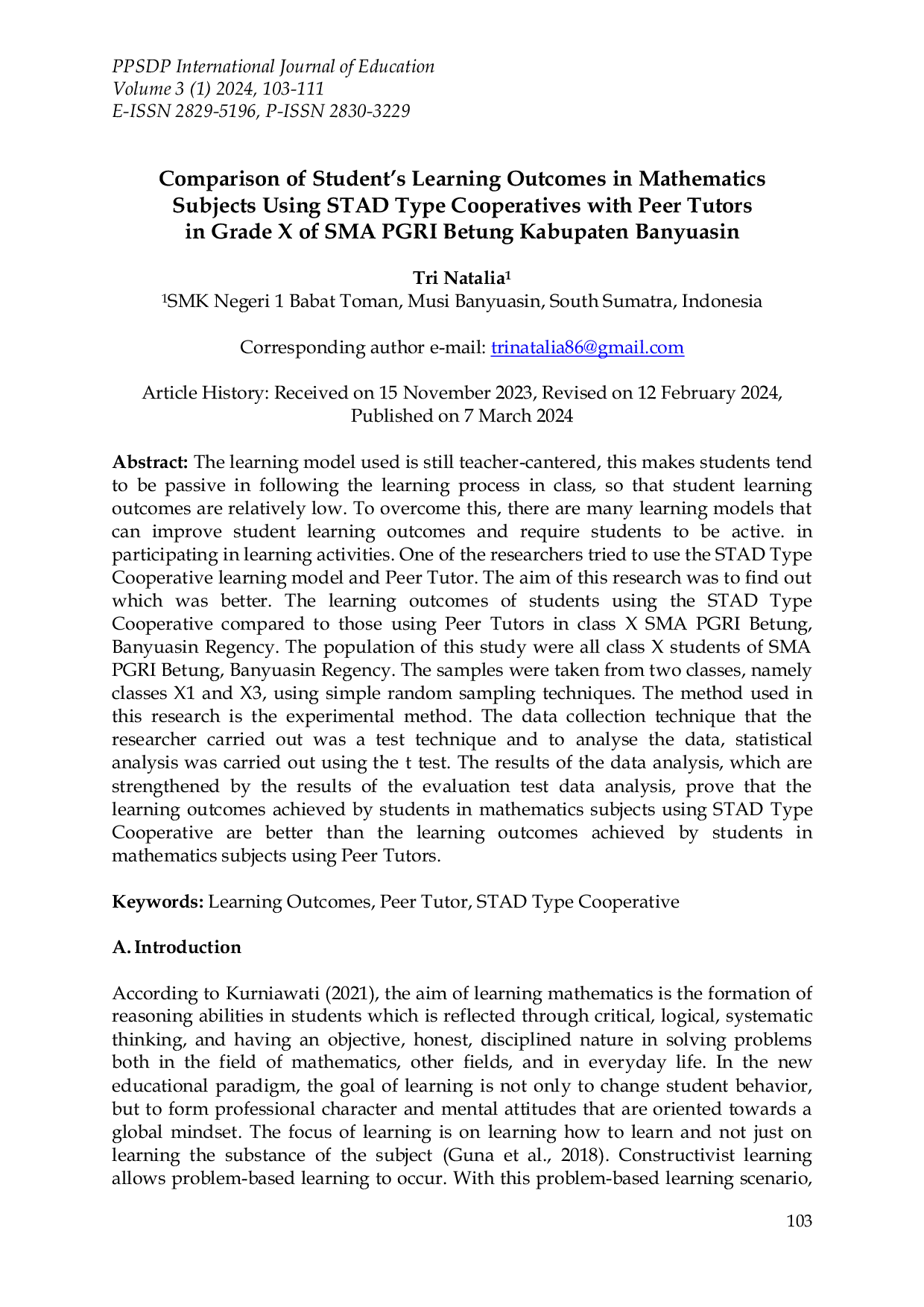 JURIS Comparison of Student s Learning Outcomes in Mathematics Subjects Using STAD Type Cooperatives with Peer Tutors in Grade X of SMA PGRI Betung Kabupaten Banyuasin