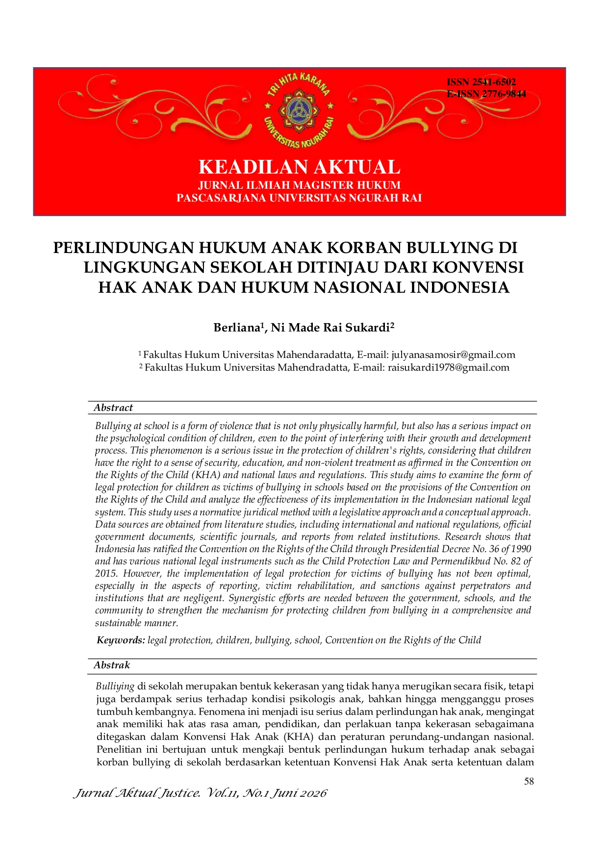 JURIS Perlindungan Hukum Anak Korban Bullying Di Lingkungan Sekolah Ditinjau Dari Konvensi Hak Anak Dan Hukum Nasional Indonesia