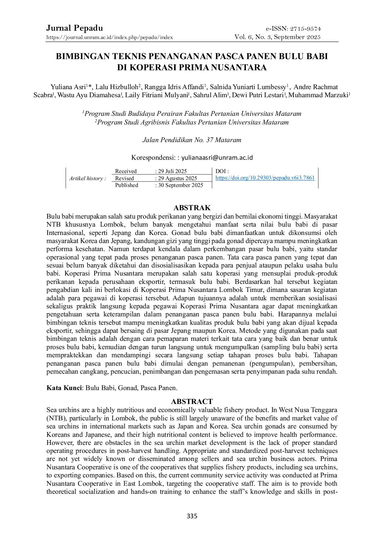 JURIS BIMBINGAN TEKNIS PENANGANAN PASCA PANEN BULU BABI DI KOPERASI PRIMA NUSANTARA