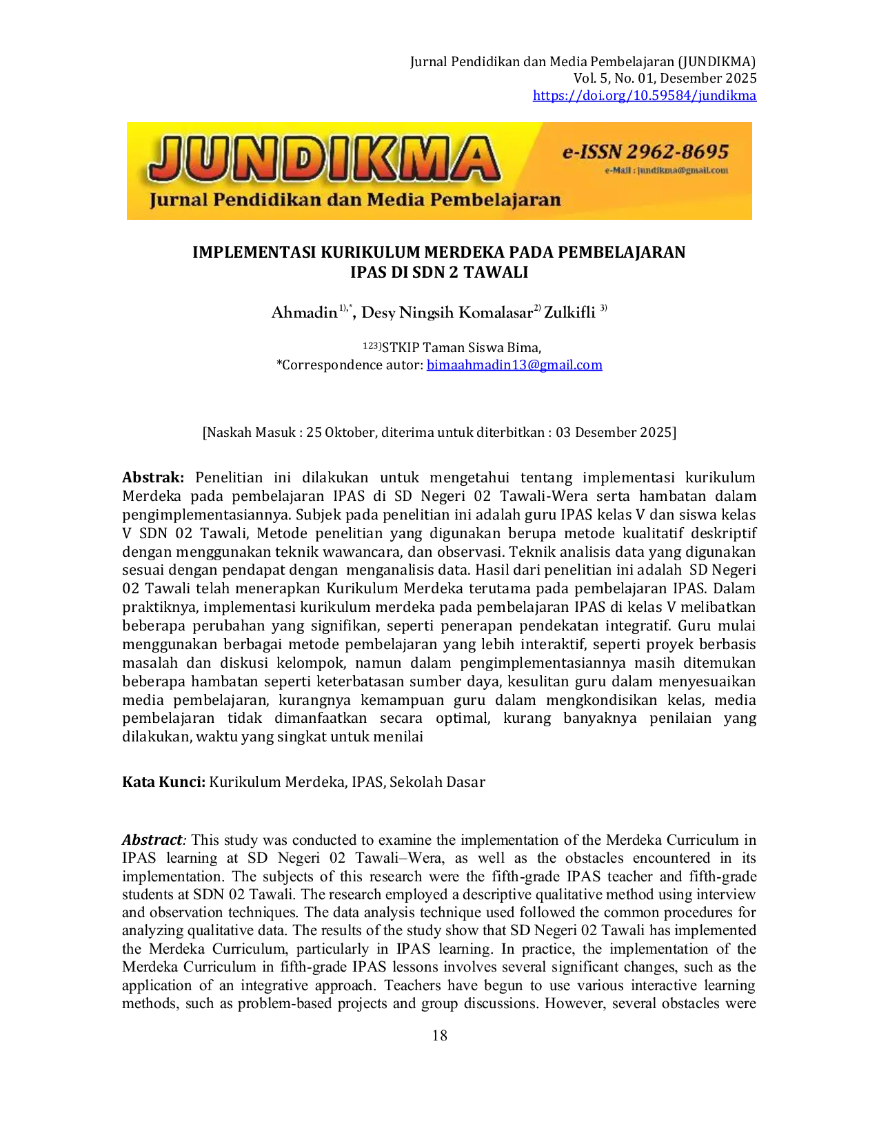 JURIS Implementasi Kurikulum Merdeka Pada Pembelajaran IPAS di SDN 2 Tawali