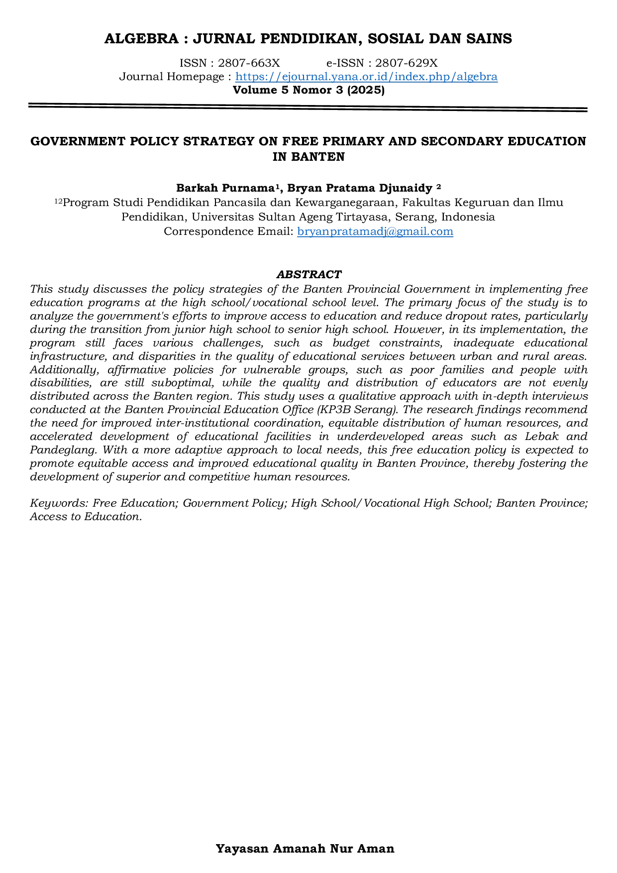 JURIS GOVERNMENT POLICY STRATEGY ON FREE PRIMARY AND SECONDARY EDUCATION IN BANTEN
