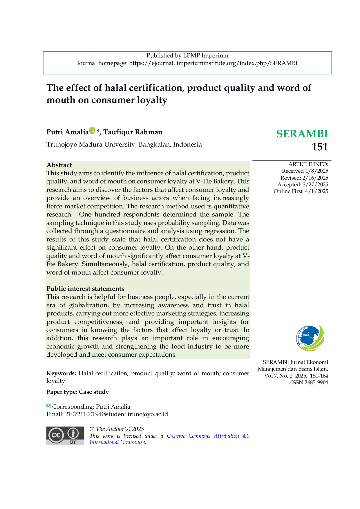 JURIS The effect of halal certification product quality and word of mouth on consumer loyalty