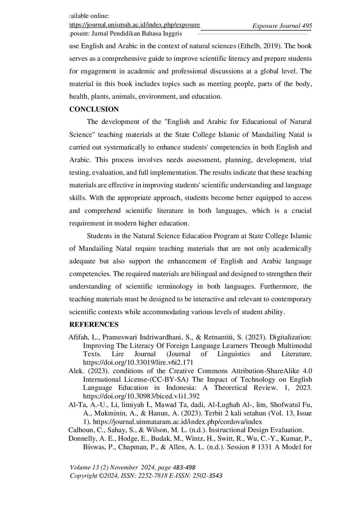 JURIS Development of Teaching Materials for English and Arabic for Educational of Natural Science at the State College Islamic of Mandailing Natal