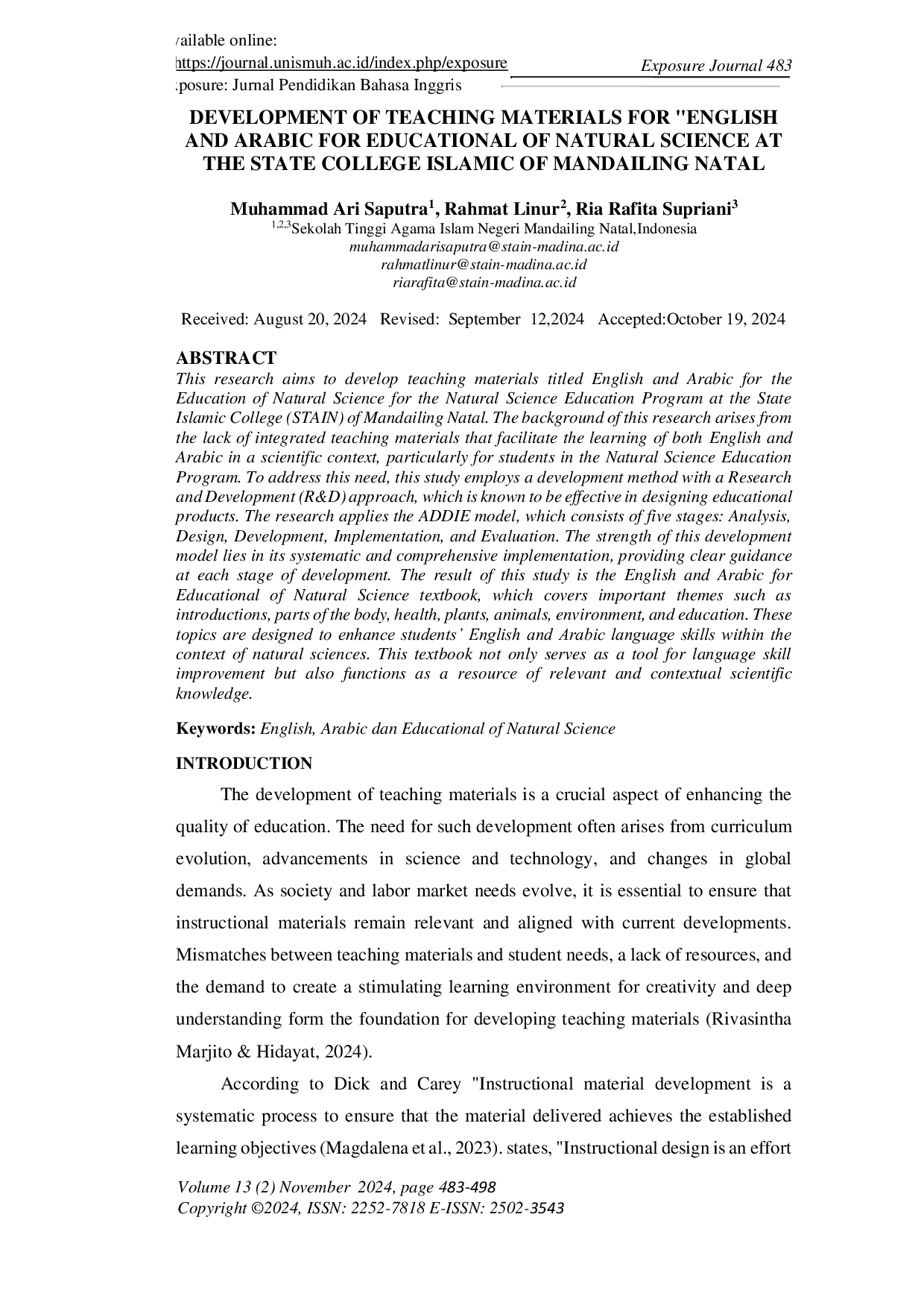 JURIS Development of Teaching Materials for English and Arabic for Educational of Natural Science at the State College Islamic of Mandailing Natal