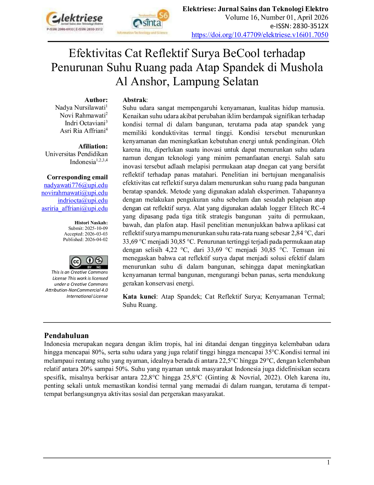 JURIS Efektivitas Cat Reflektif Surya BeCool terhadap Penurunan Suhu Ruang pada Atap Spandek di Mushola Al Anshor The Effectiveness of BeCool Solar Reflective Paint in Reducing Room Temperature on Spandek