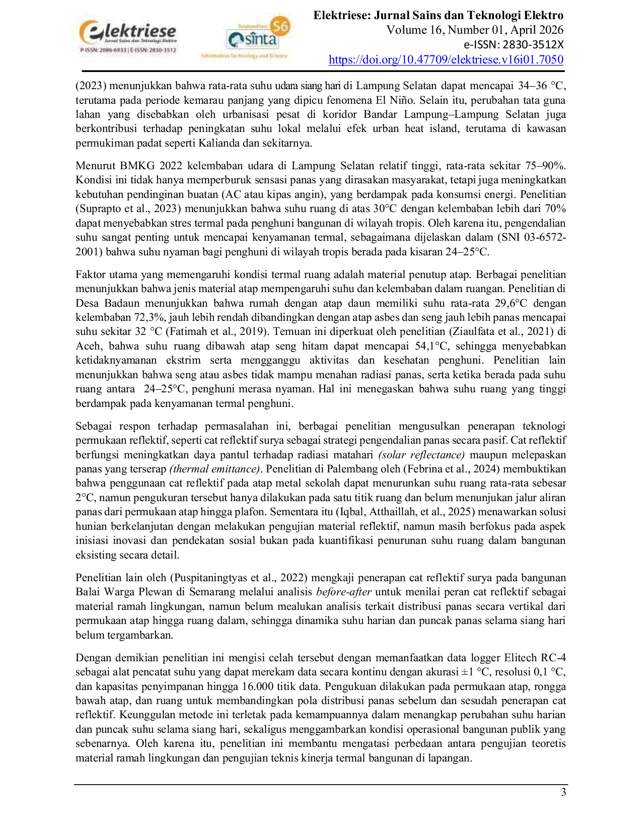 JURIS Efektivitas Cat Reflektif Surya BeCool terhadap Penurunan Suhu Ruang pada Atap Spandek di Mushola Al Anshor The Effectiveness of BeCool Solar Reflective Paint in Reducing Room Temperature on Spandek