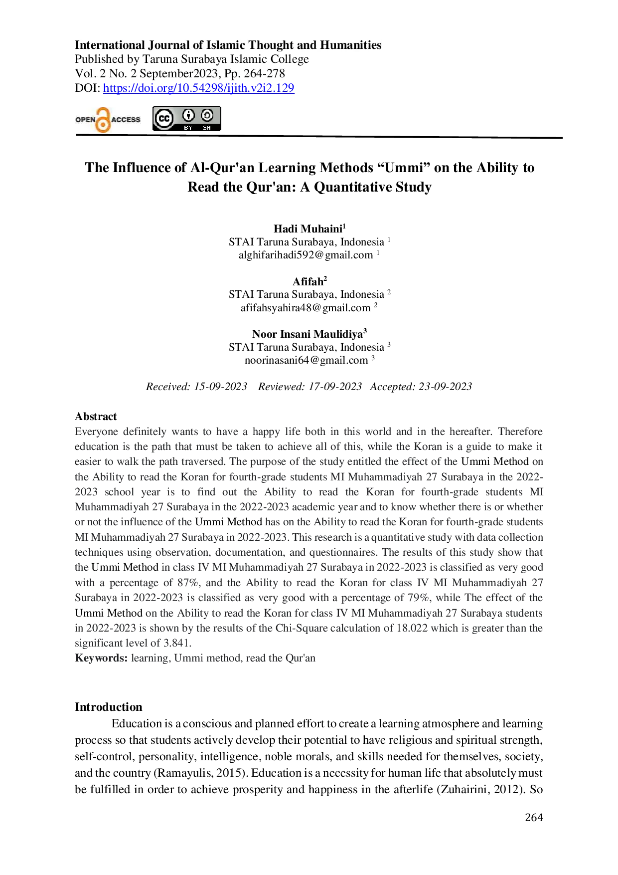 JURIS The Influence of Al Qur an Learning Methods Ummi on the Ability to Read the Qur an A Quantitative Study