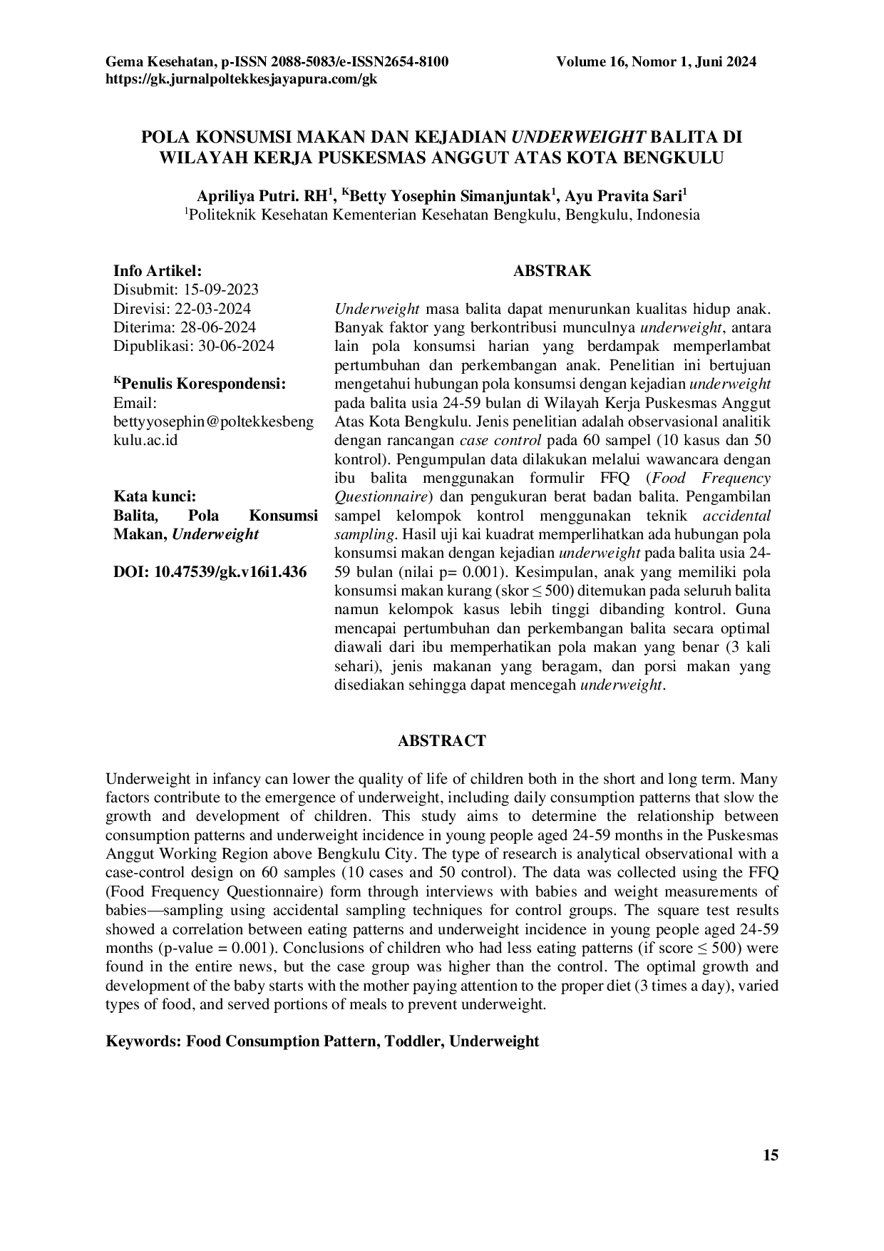 JURIS Pola Konsumsi Makan Dan Kejadian Underweight Balita Di Wilayah Kerja Puskesmas Anggut Atas Kota Bengkulu