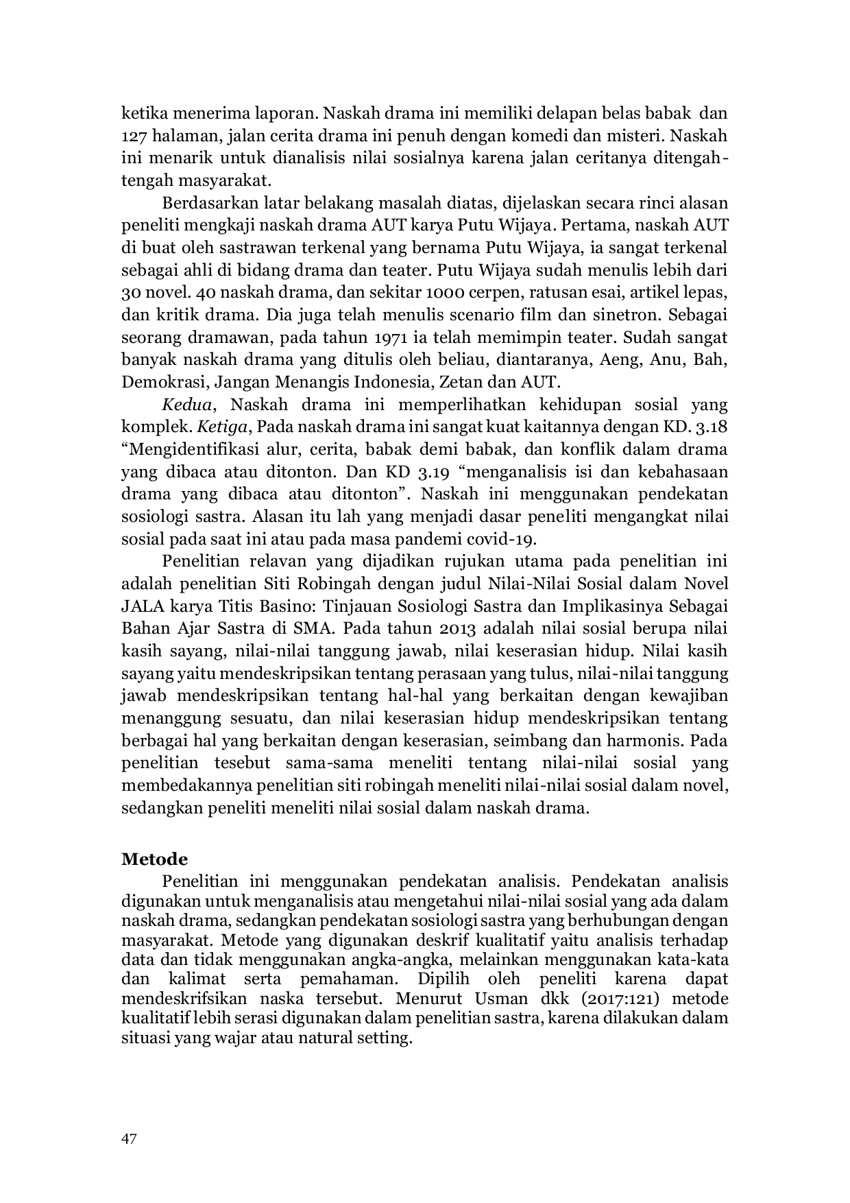 JURIS Nilai Sosial Naskah Drama AUT Karya Putu Wijaya dan Relevansinya Sebagai Bahan Ajar Siswa SMA