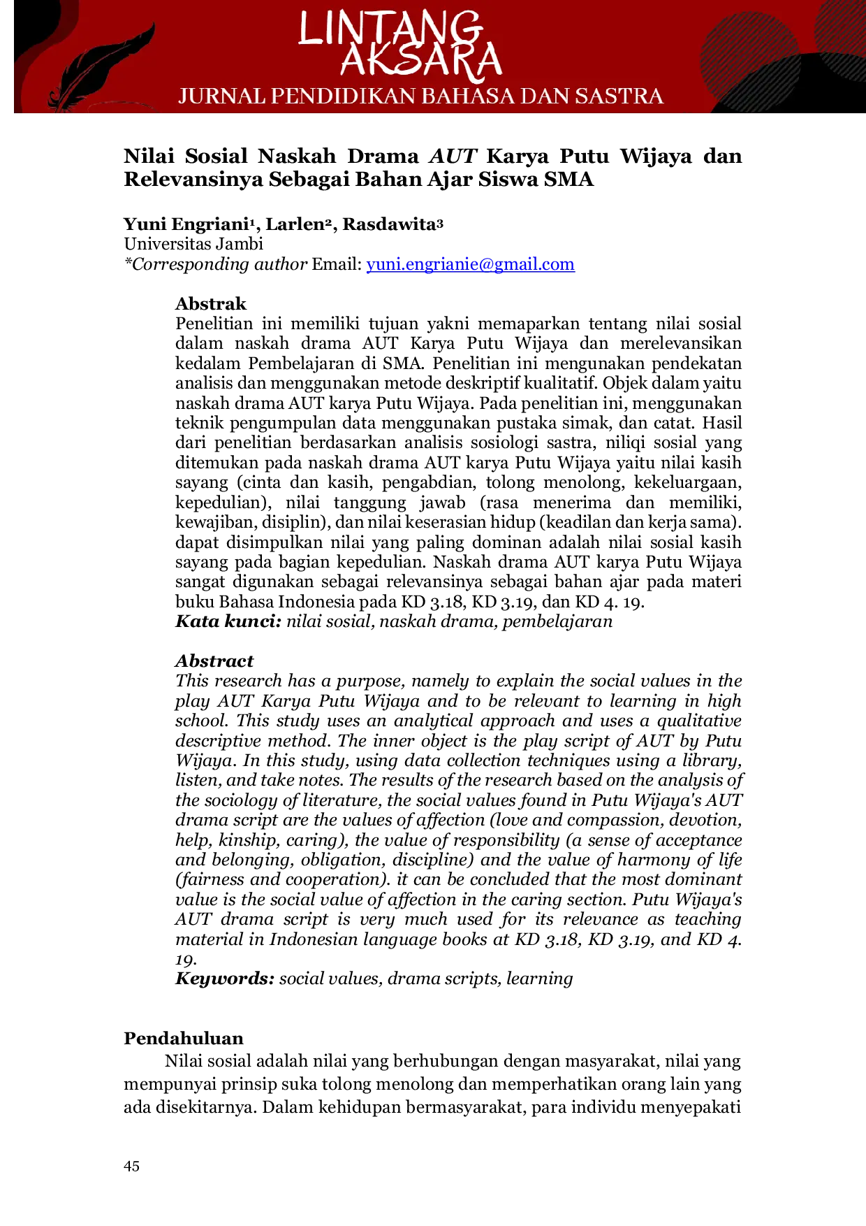 JURIS Nilai Sosial Naskah Drama AUT Karya Putu Wijaya dan Relevansinya Sebagai Bahan Ajar Siswa SMA