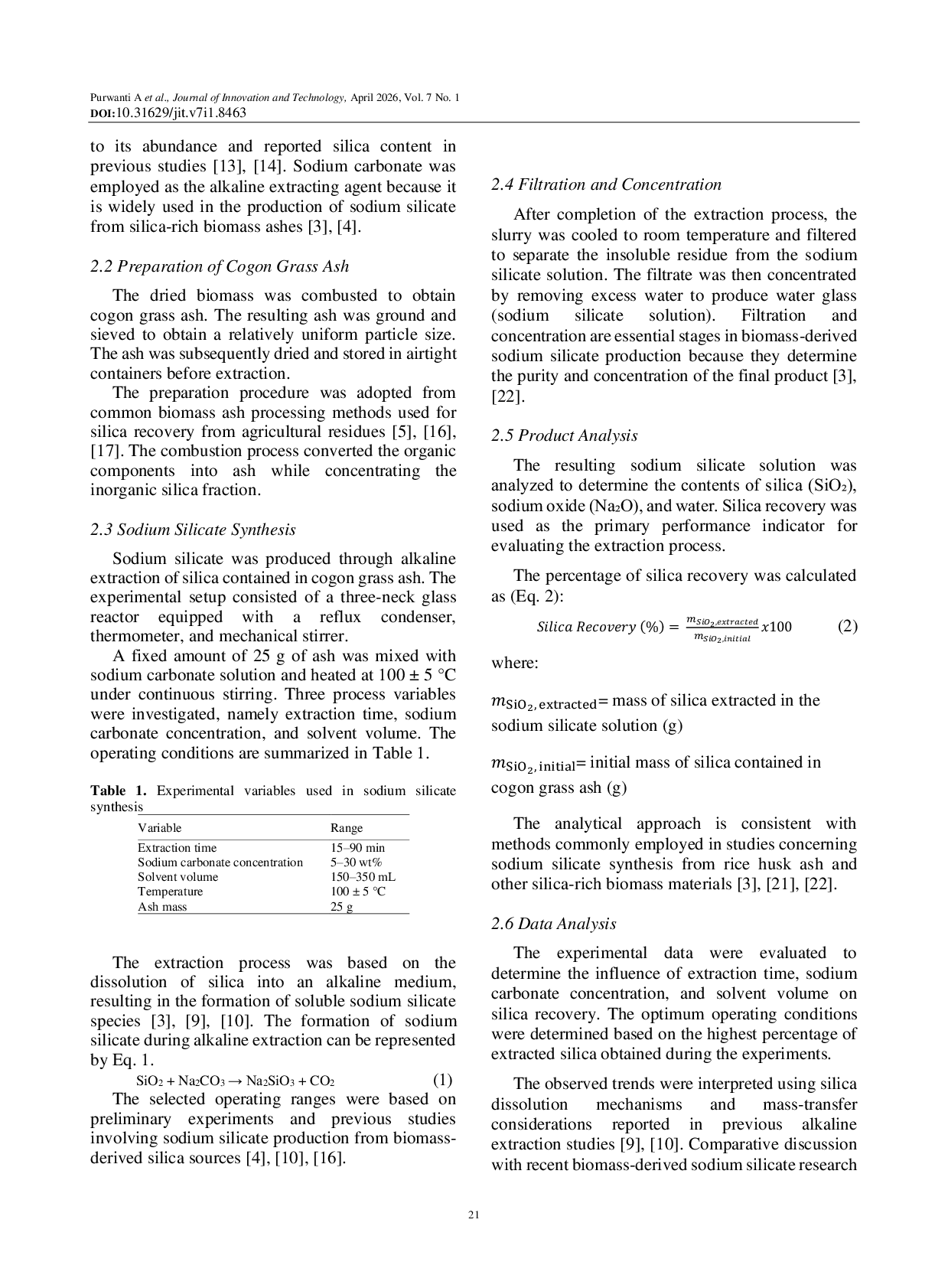 JURIS Production of Sodium Silicate from Imperata cylindrica Ash by Sodium Carbonate Assisted Alkaline Extraction