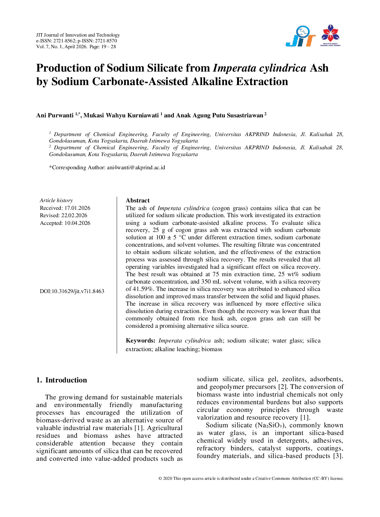 JURIS Production of Sodium Silicate from Imperata cylindrica Ash by Sodium Carbonate Assisted Alkaline Extraction