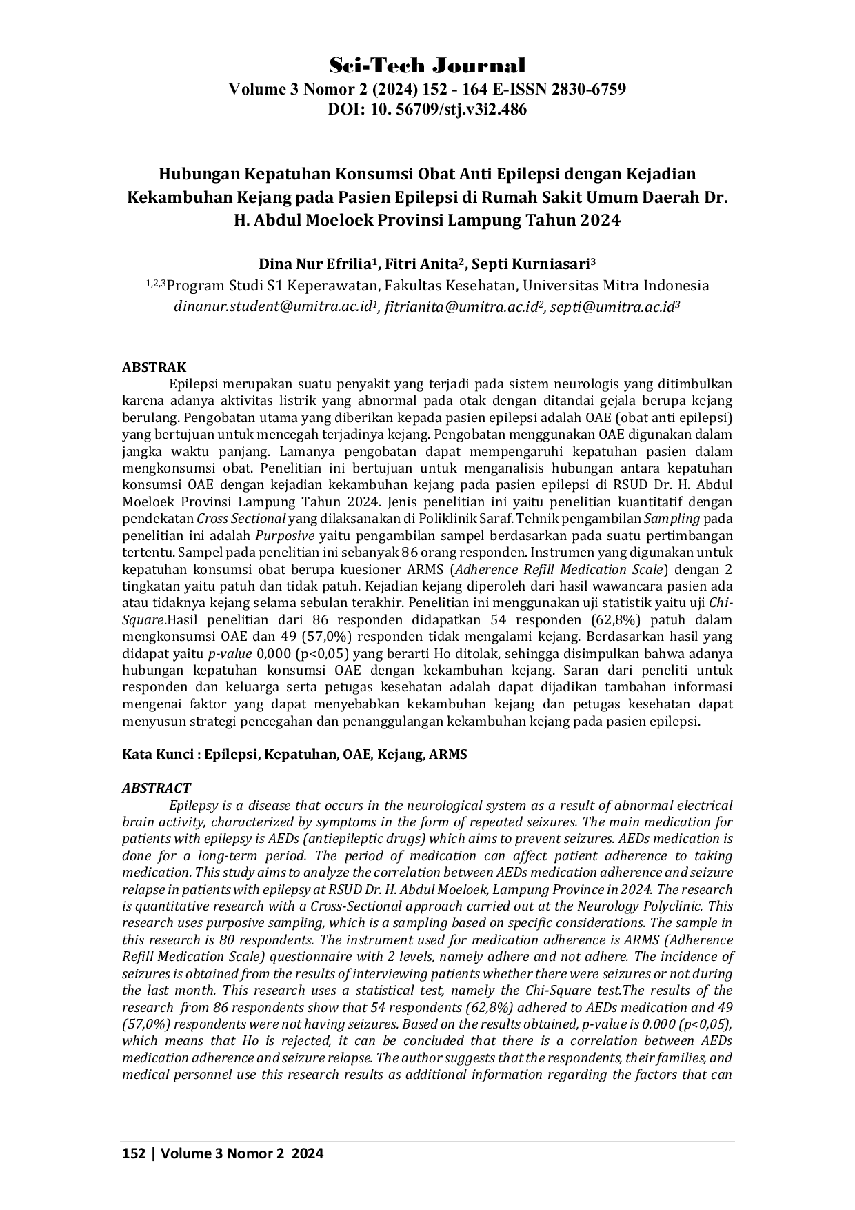 JURIS Hubungan Kepatuhan Konsumsi Obat Anti Epilepsi dengan Kejadian Kekambuhan Kejang pada Pasien Epilepsi di Rumah Sakit Umum Daerah Dr H Abdul Moeloek Provinsi Lampung Tahun 2024