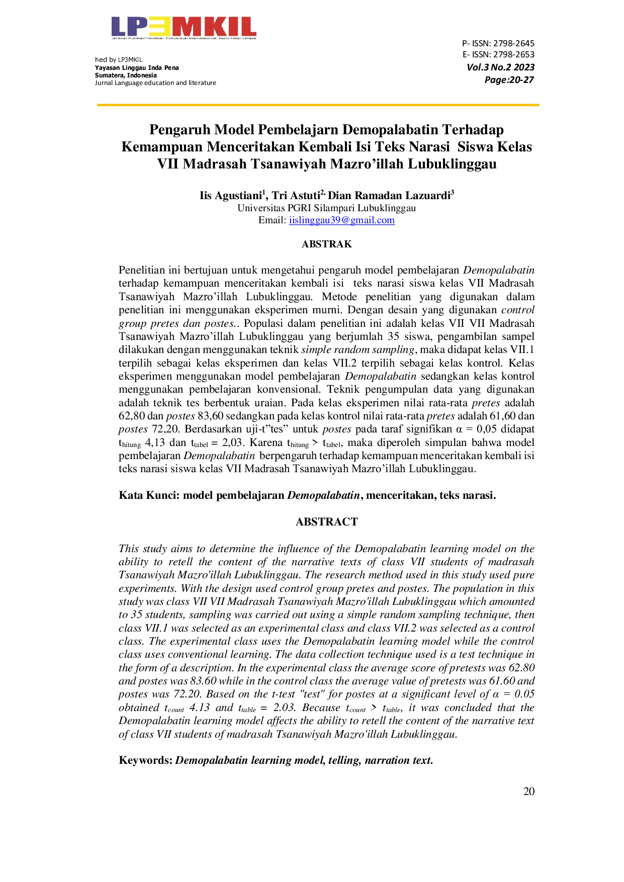 JURIS Pengaruh Model Pembelajaran Demopalabatin Terhadap Kemampuan Menceritakan Kembali Isi Teks Narasi Siswa Kelas VII Madrasah Tsanawiyah Mazro illah Lubuklinggau