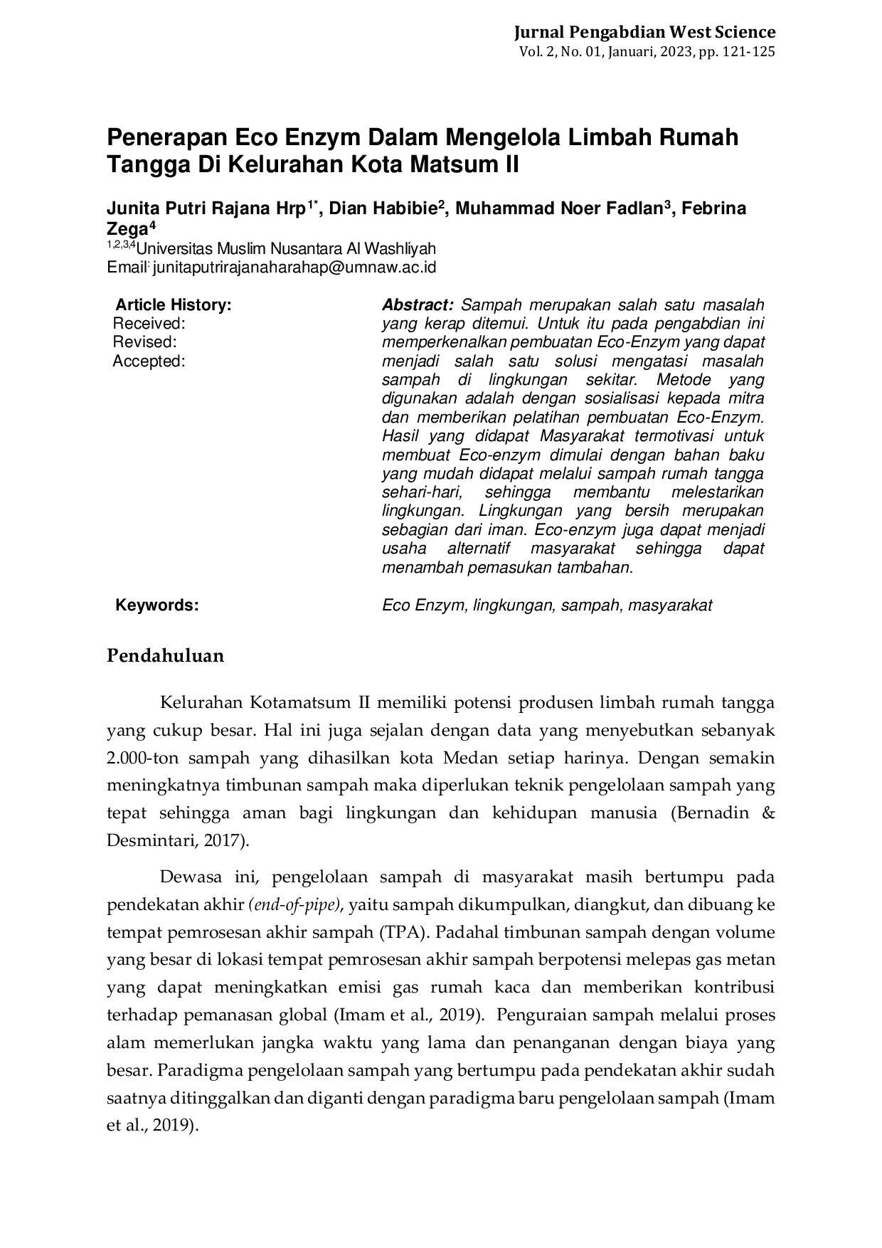 JURIS Penerapan Eco Enzym Dalam Mengelola Limbah Rumah Tangga Di Kelurahan Kota Matsum II