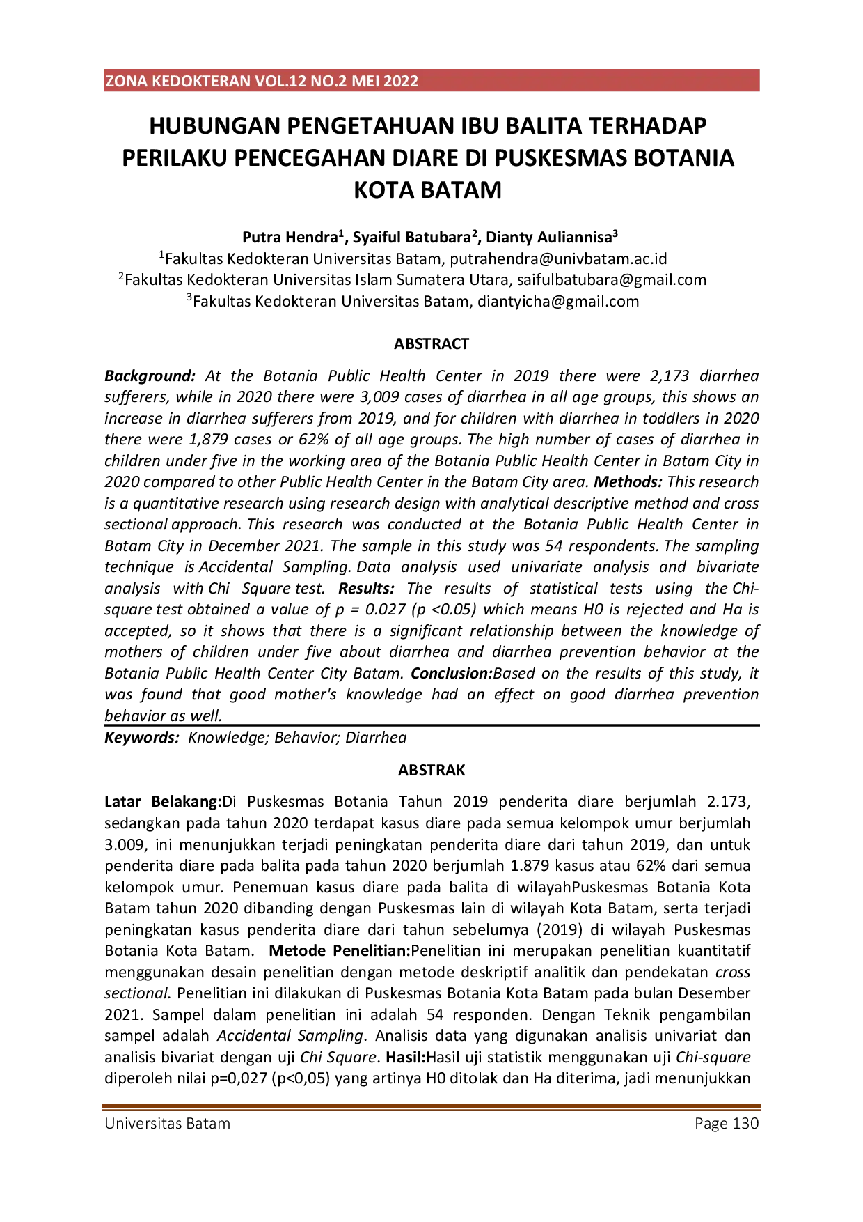 JURIS Hubungan Pengetahuan Ibu Balita Terhadap Perilaku Pencegahan Diare di Puskesmas Botania Kota Batam