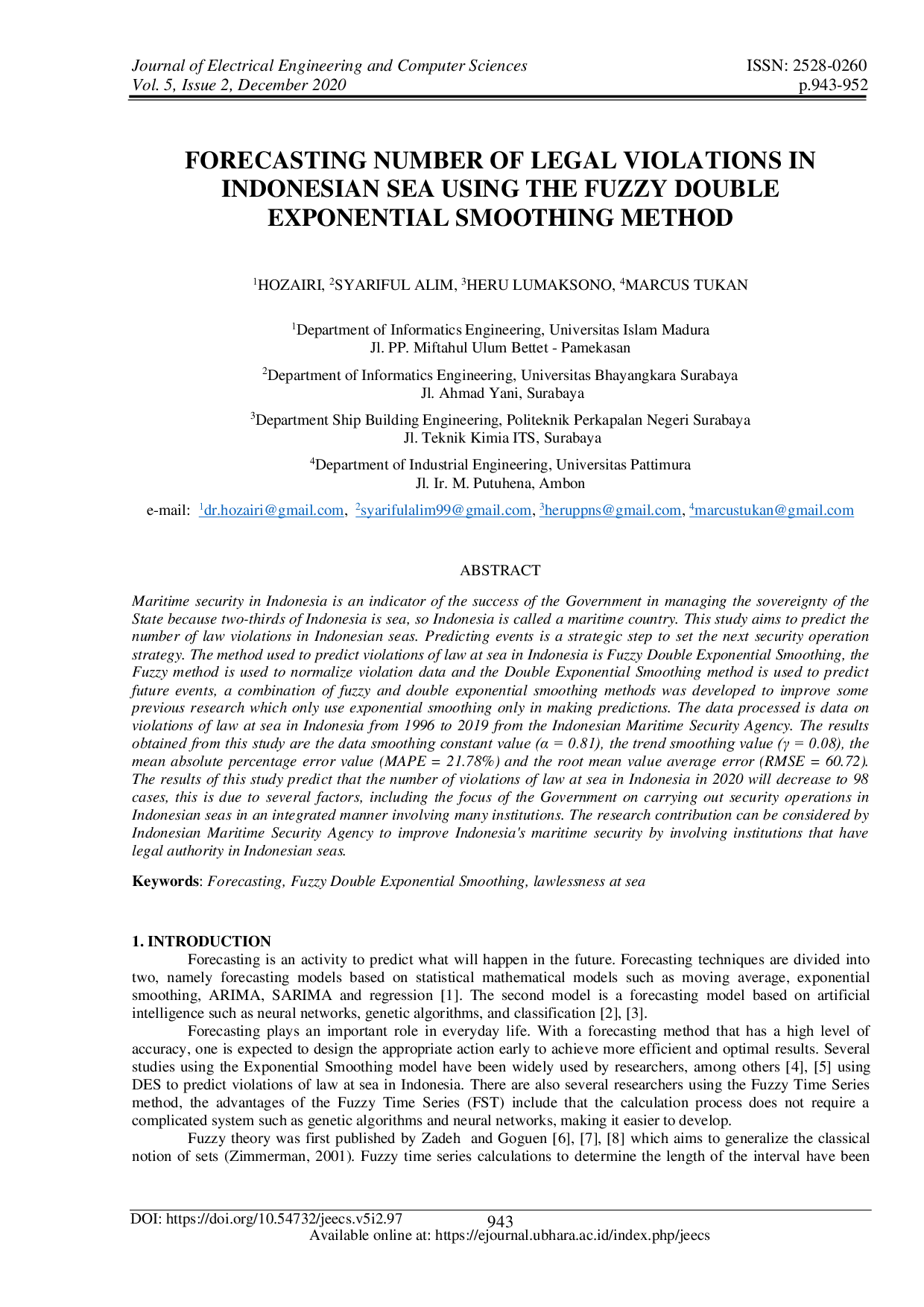 JURIS Forecasting Number of Legal Violations in Indonesian Sea Using the Fuzzy Double Exponential Smoothing Method