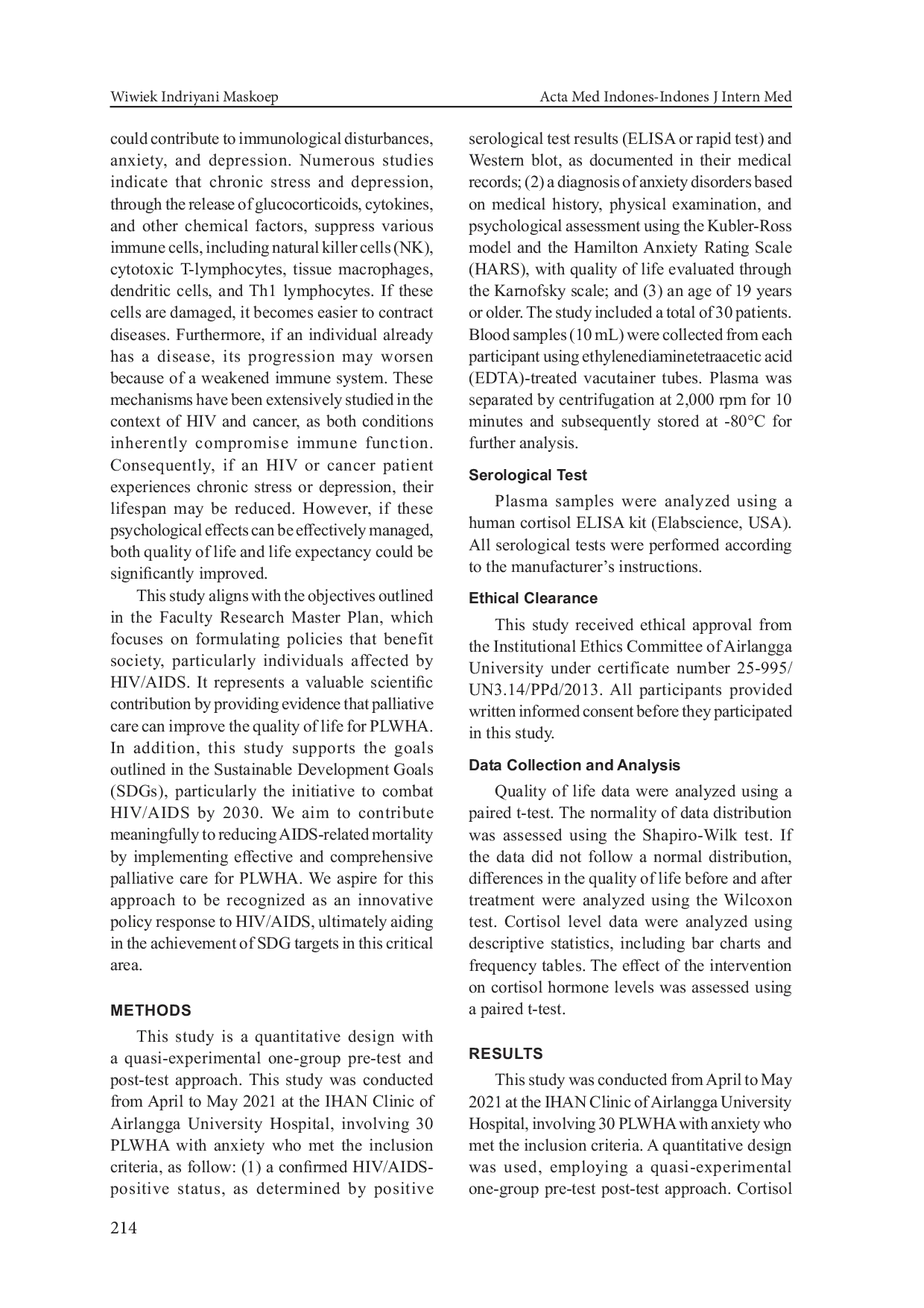 JURIS The Impact of Palliative Care on Quality of Life and Cortisol Levels in HIV AIDS Patients with Anxiety