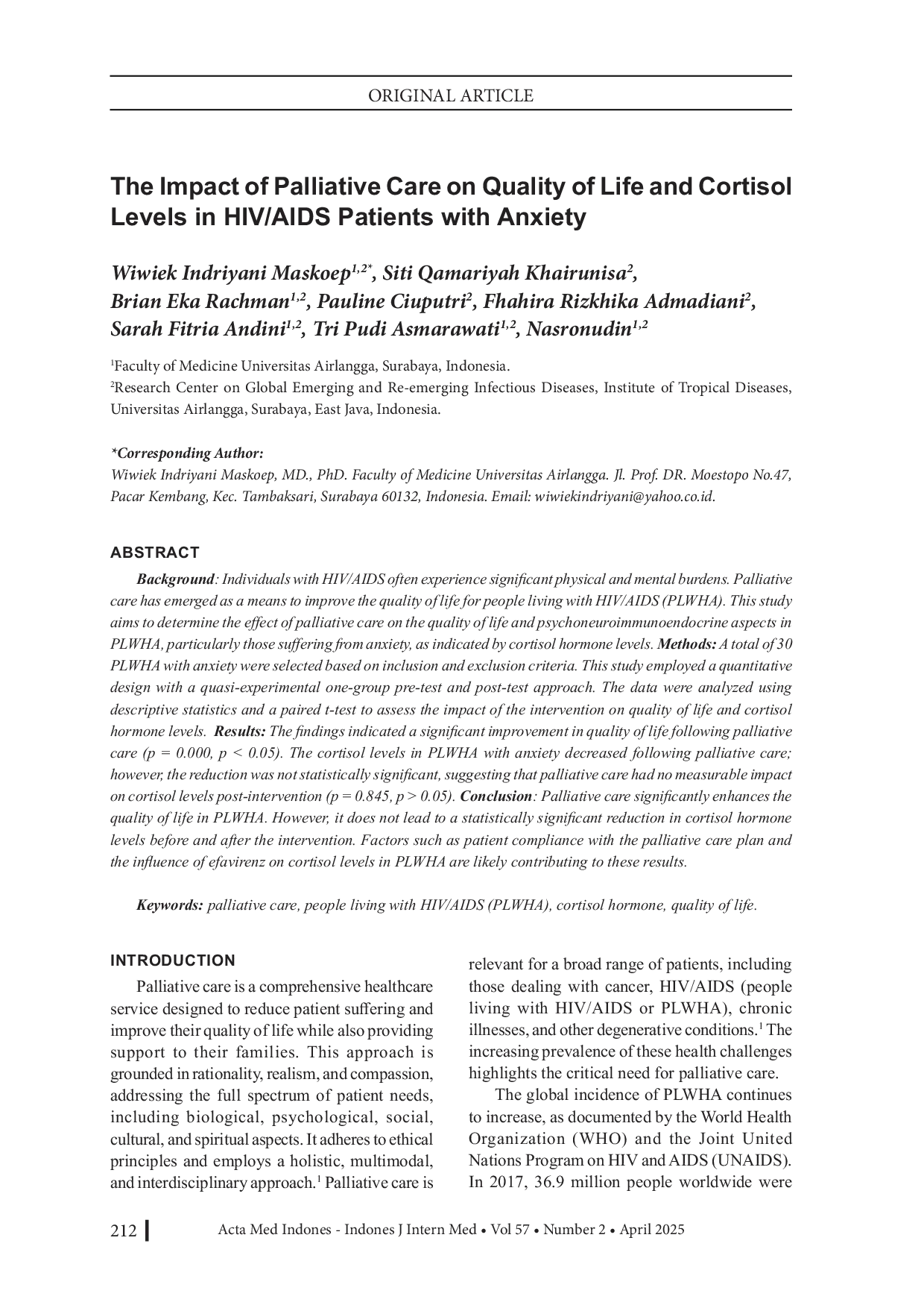 JURIS The Impact of Palliative Care on Quality of Life and Cortisol Levels in HIV AIDS Patients with Anxiety