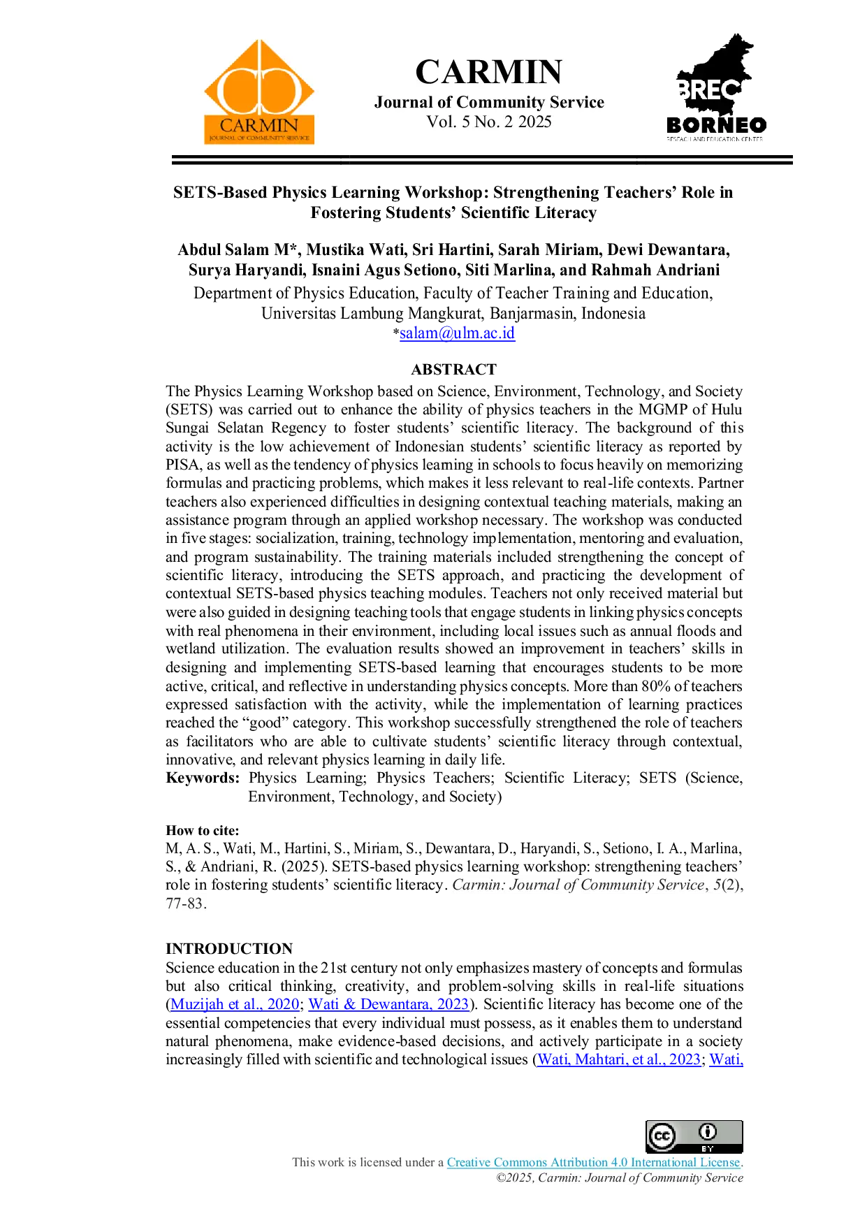 JURIS SETS Based Physics Learning Workshop Strengthening Teachers Role in Fostering Students Scientific Literacy